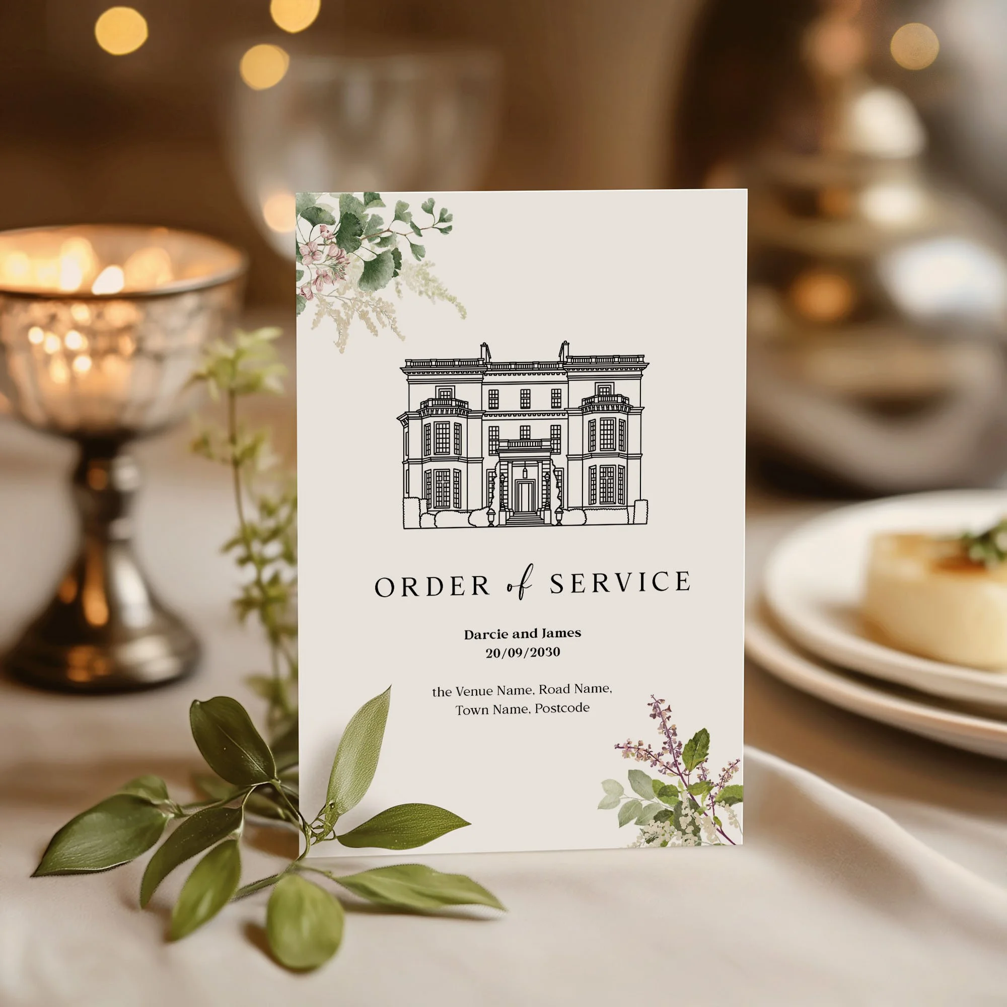 Bespoke Venue Illustration with Greenery wedding order of service on a wedding day displayed