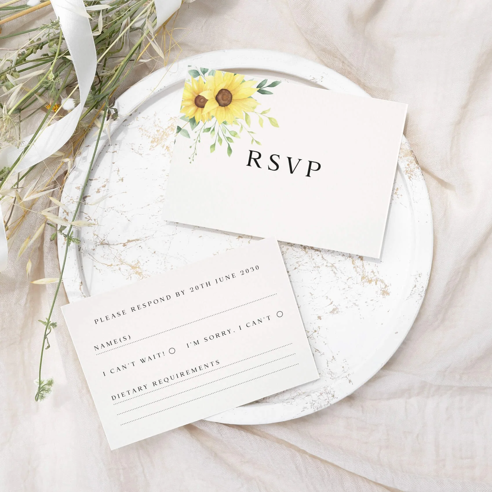 Sunflower Bouquet wedding RSVP card with watercolour sunflower arrangement and serif typography on luxury off-white card