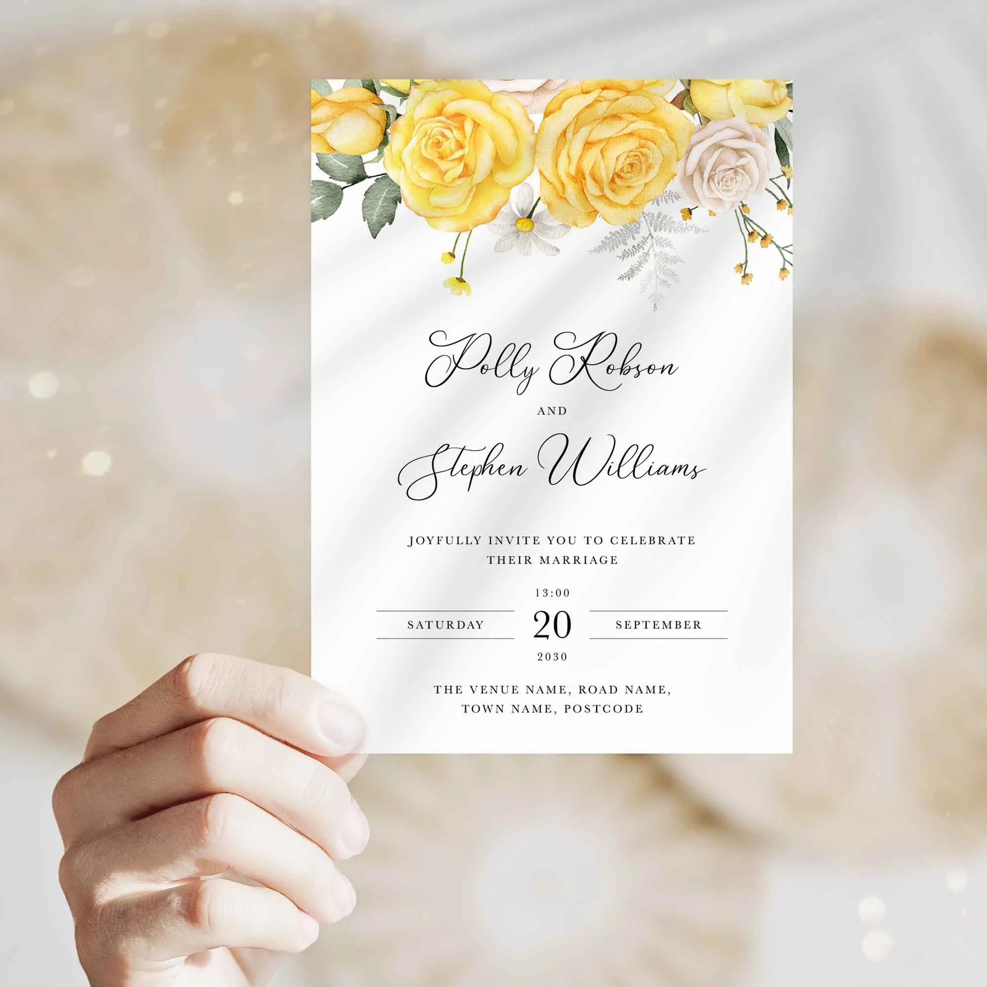 Hand holding Yellow Rose wedding invitation showing size and printed design details