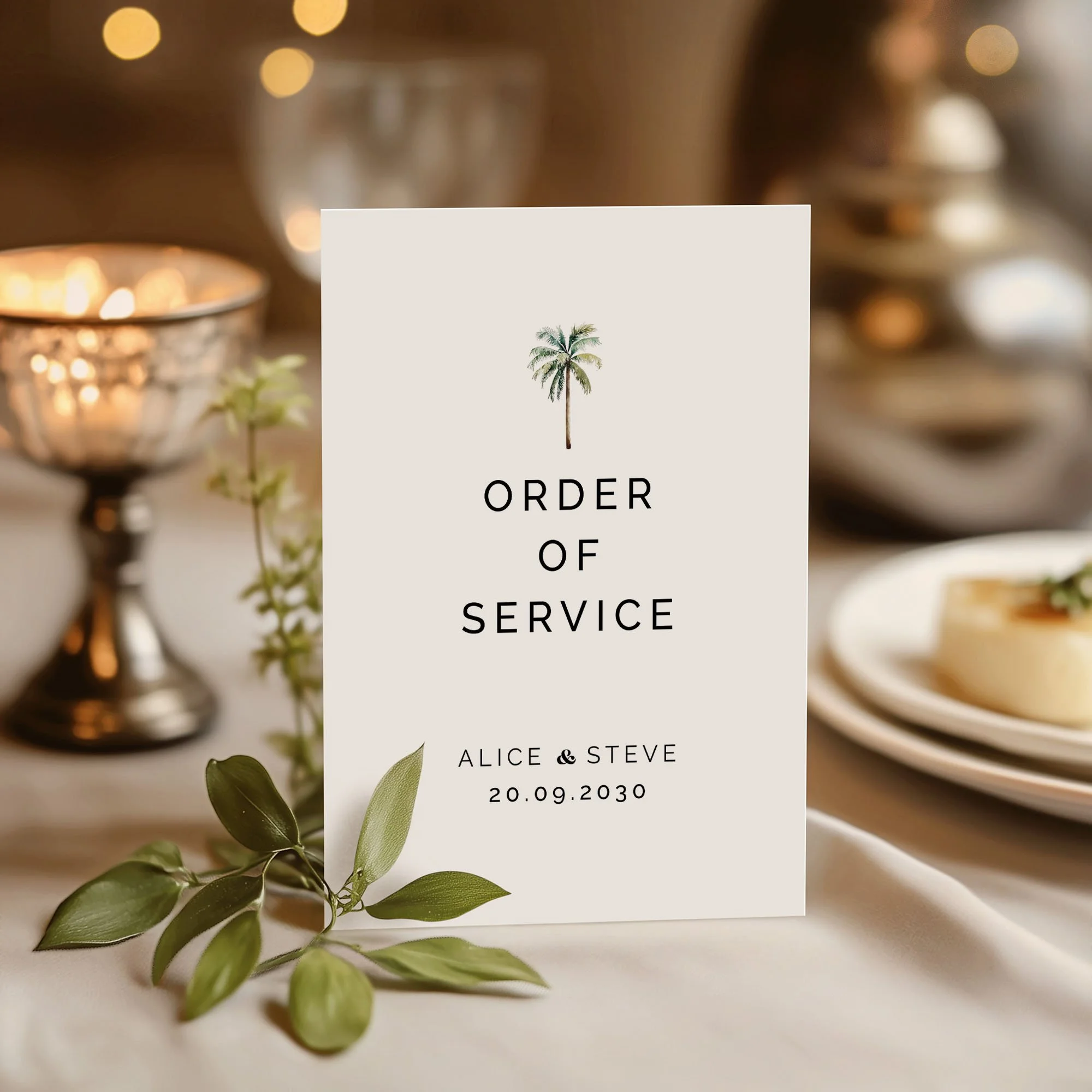 Palm Tree wedding order of service on a wedding day displayed