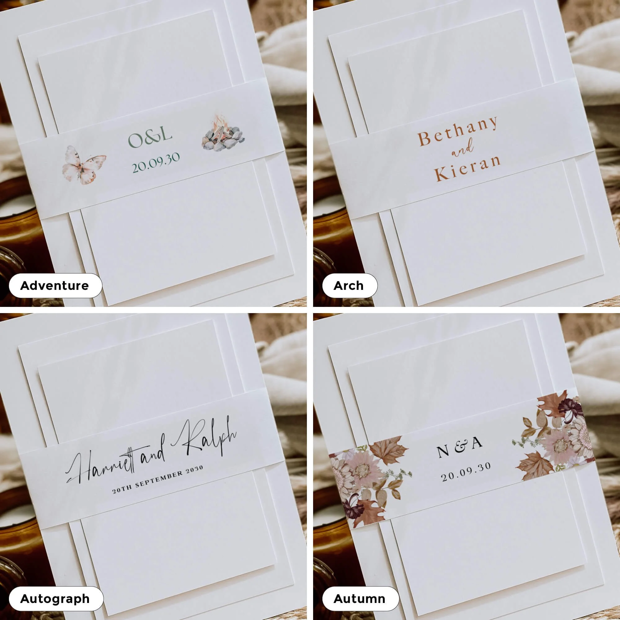 Collection of personalised wedding belly bands in a variety of elegant designs