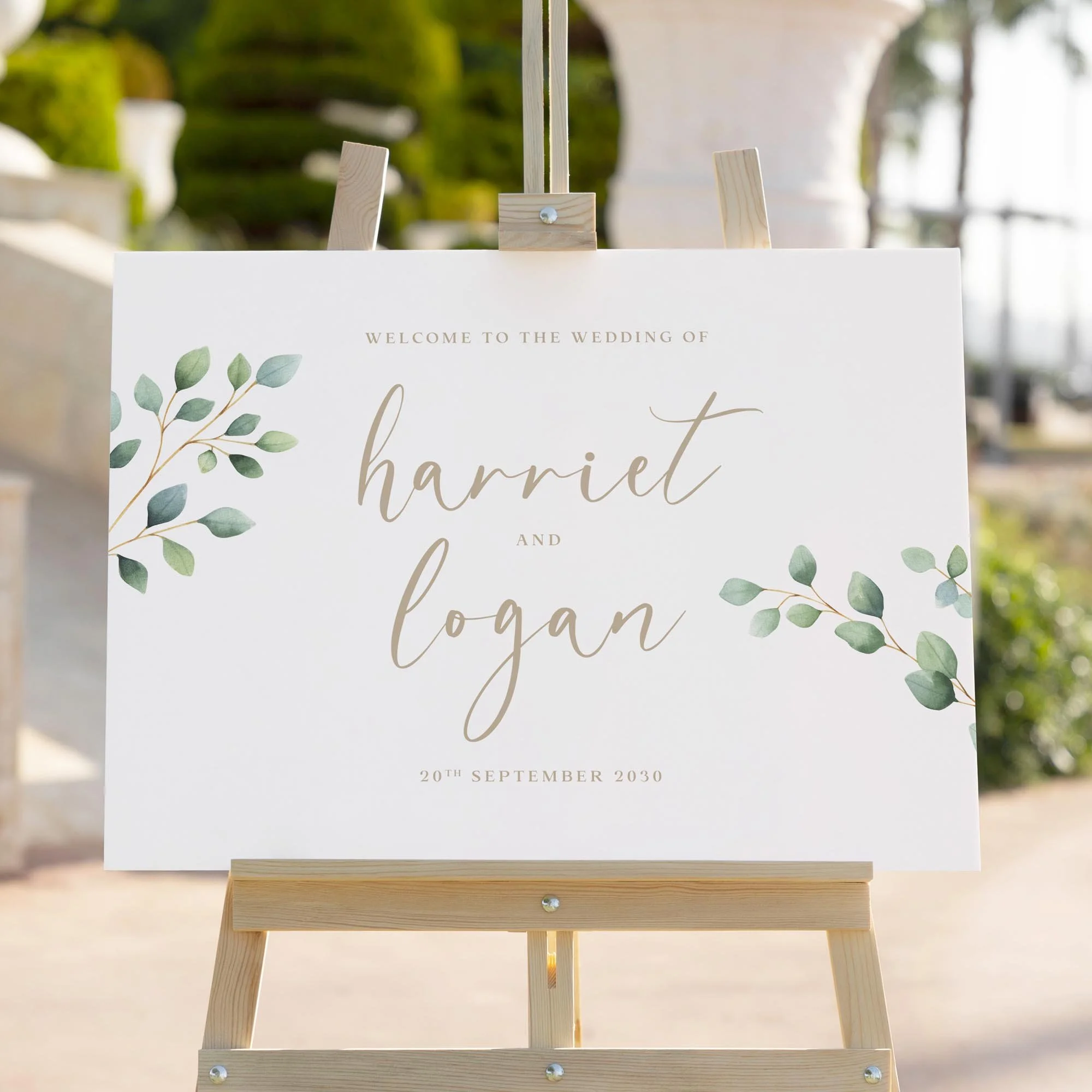 Eucalyptus Foliage with Calligraphy wedding welcome sign styled outdoors close-up