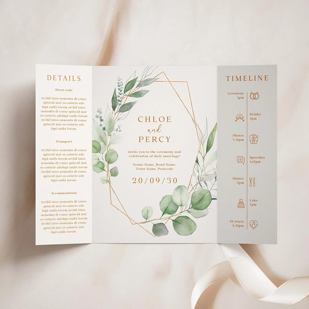 Modern Eucalyptus and Gold Gatefold Wedding Invites