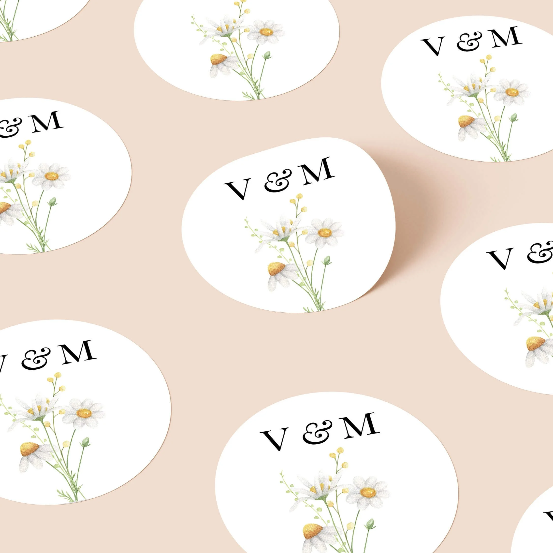 Daisy wedding stickers with white daisy flowers and initials repeated on personalised round seals
