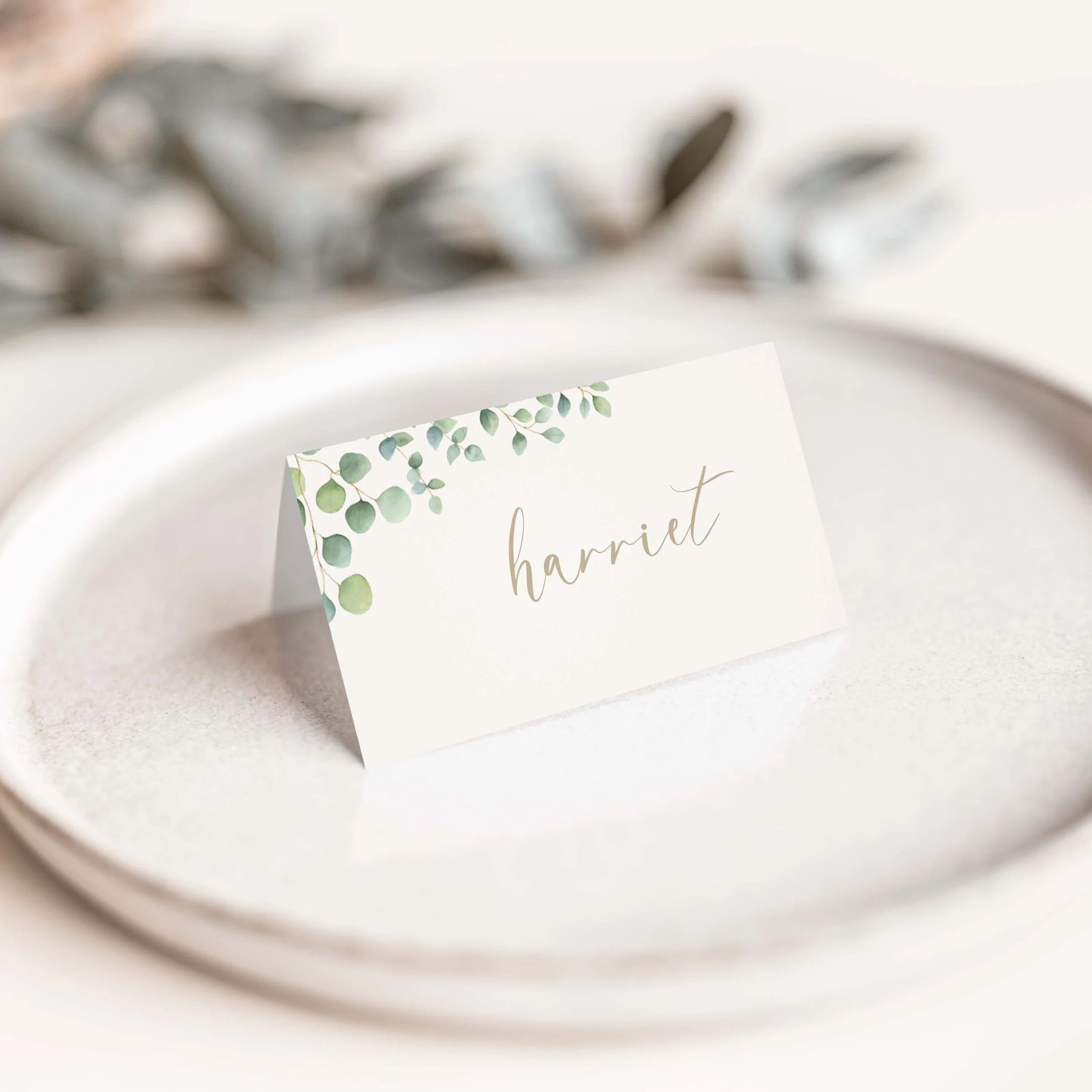 Eucalyptus calligraphy wedding place card with greenery and script font