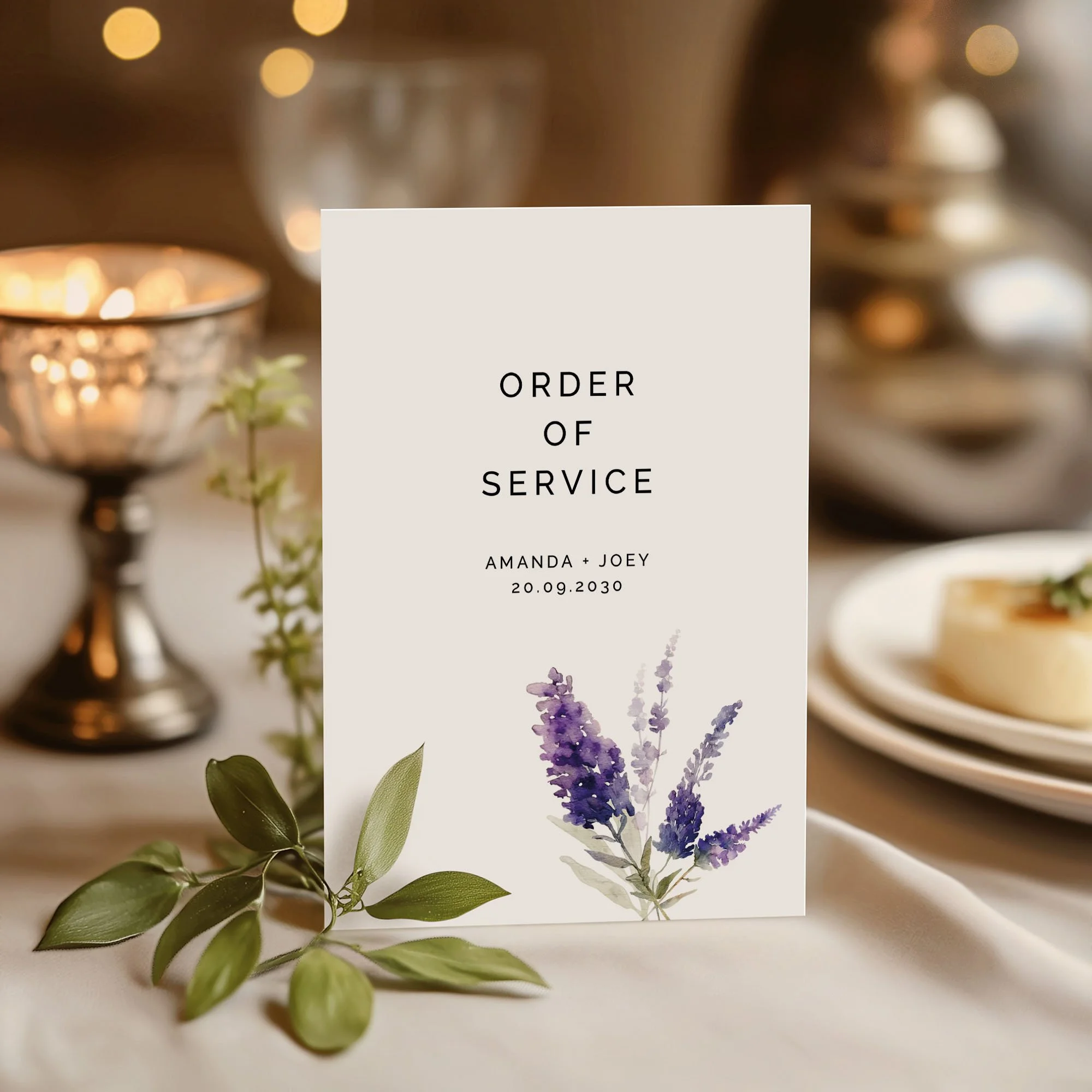 Wedding order of service booklet featuring purple lavender watercolour illustrations