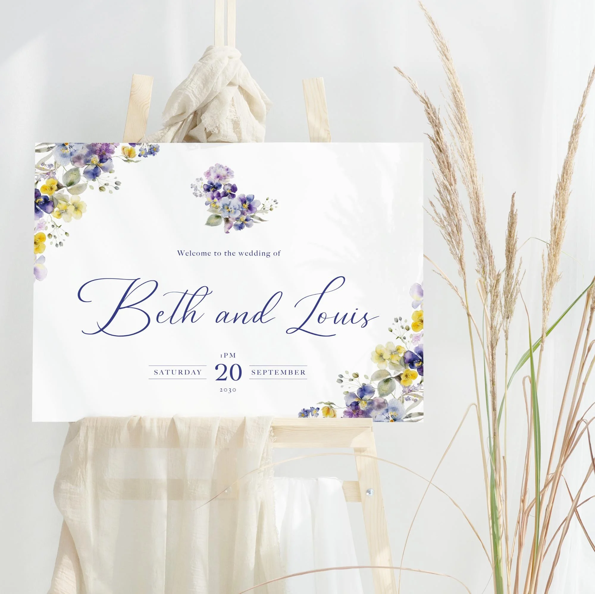 Violet and Yellow Floral wedding welcome sign design