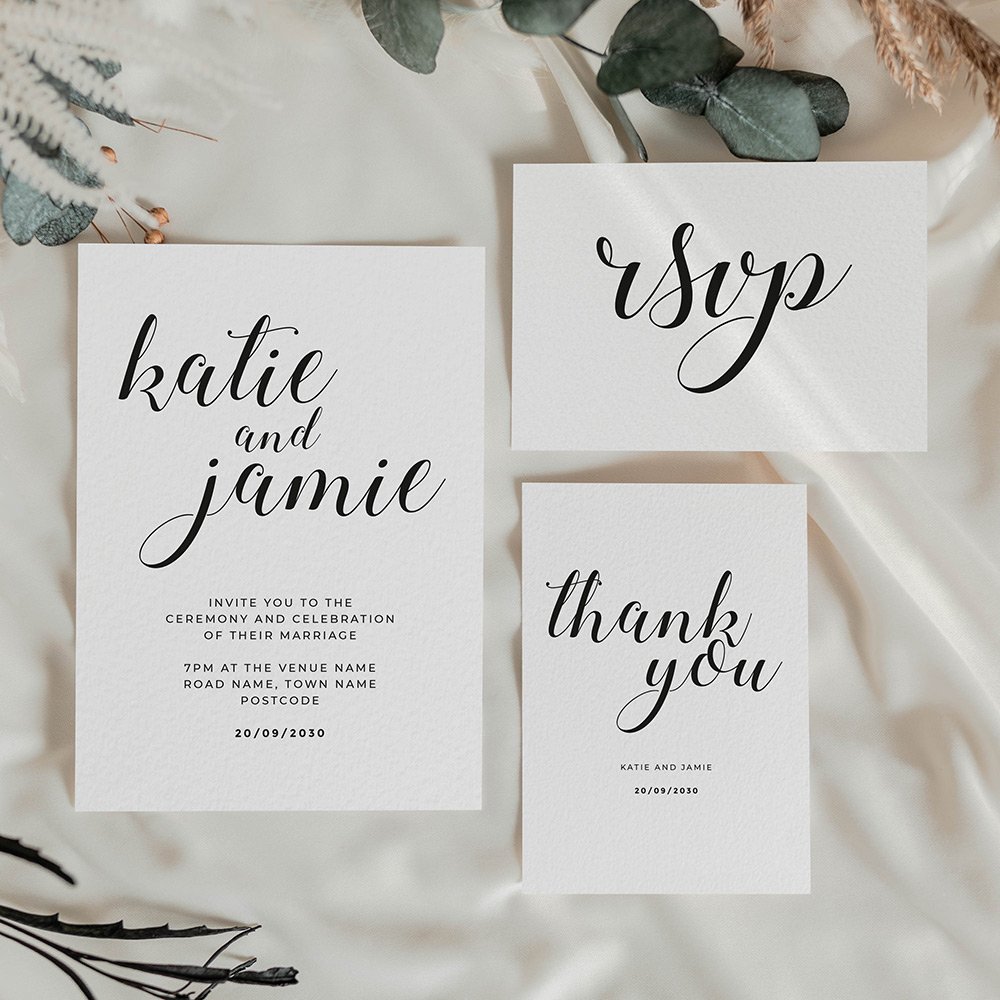 Black and white wedding stationery cards with large calligraphy lettering and simple serif details on a white background.