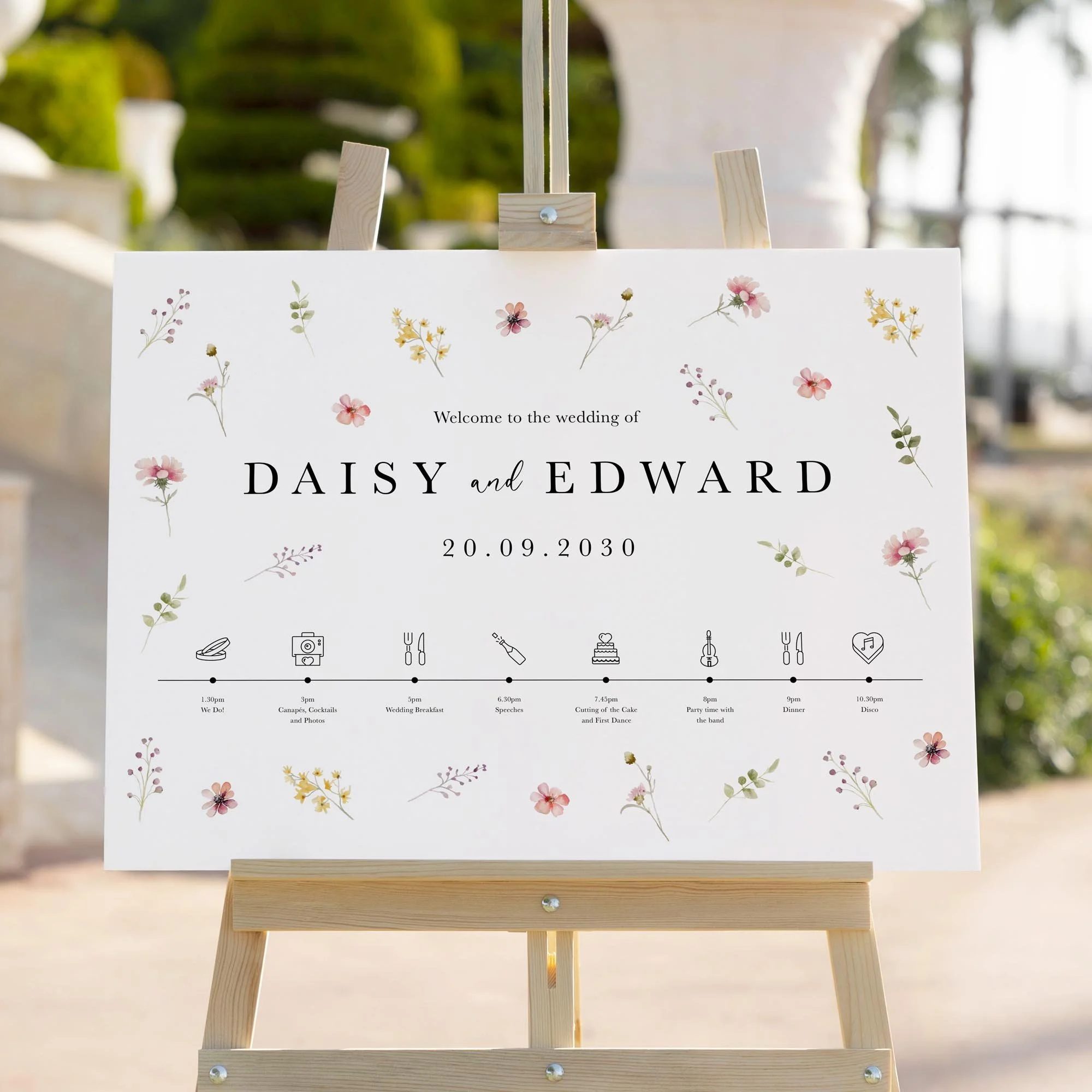 Flora Scattered Flowers wedding welcome sign styled outdoors close-up