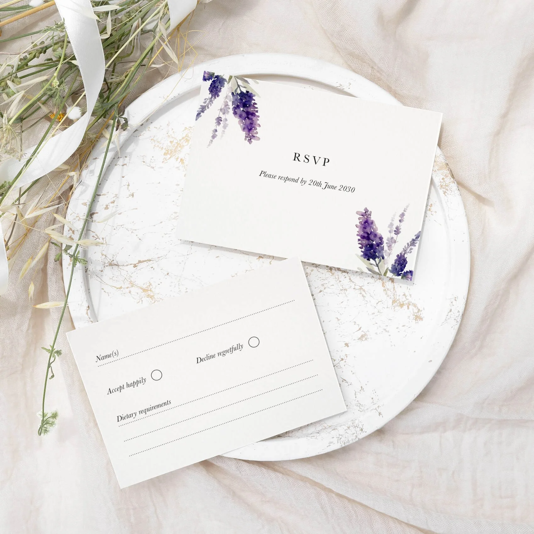 Venue Floral wedding RSVP card with lavender botanical illustration and script typography on luxury off-white card