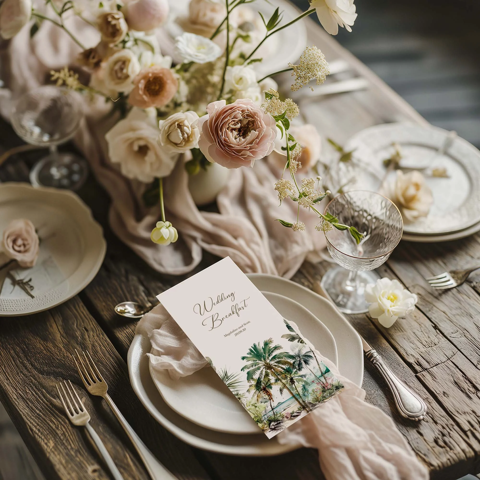 Tropical Island wedding menu card styled on a wedding table setting with tableware and décor