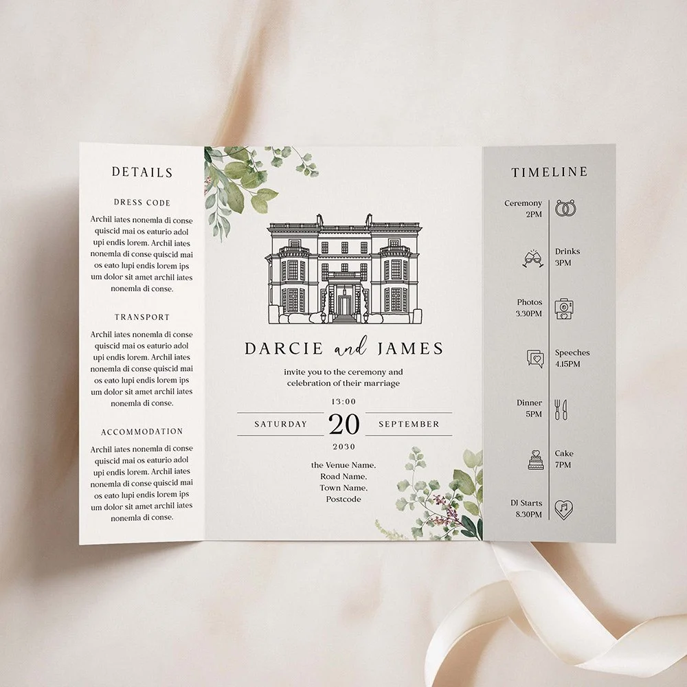 Venue Illustration Greenery Gatefold Wedding Invites