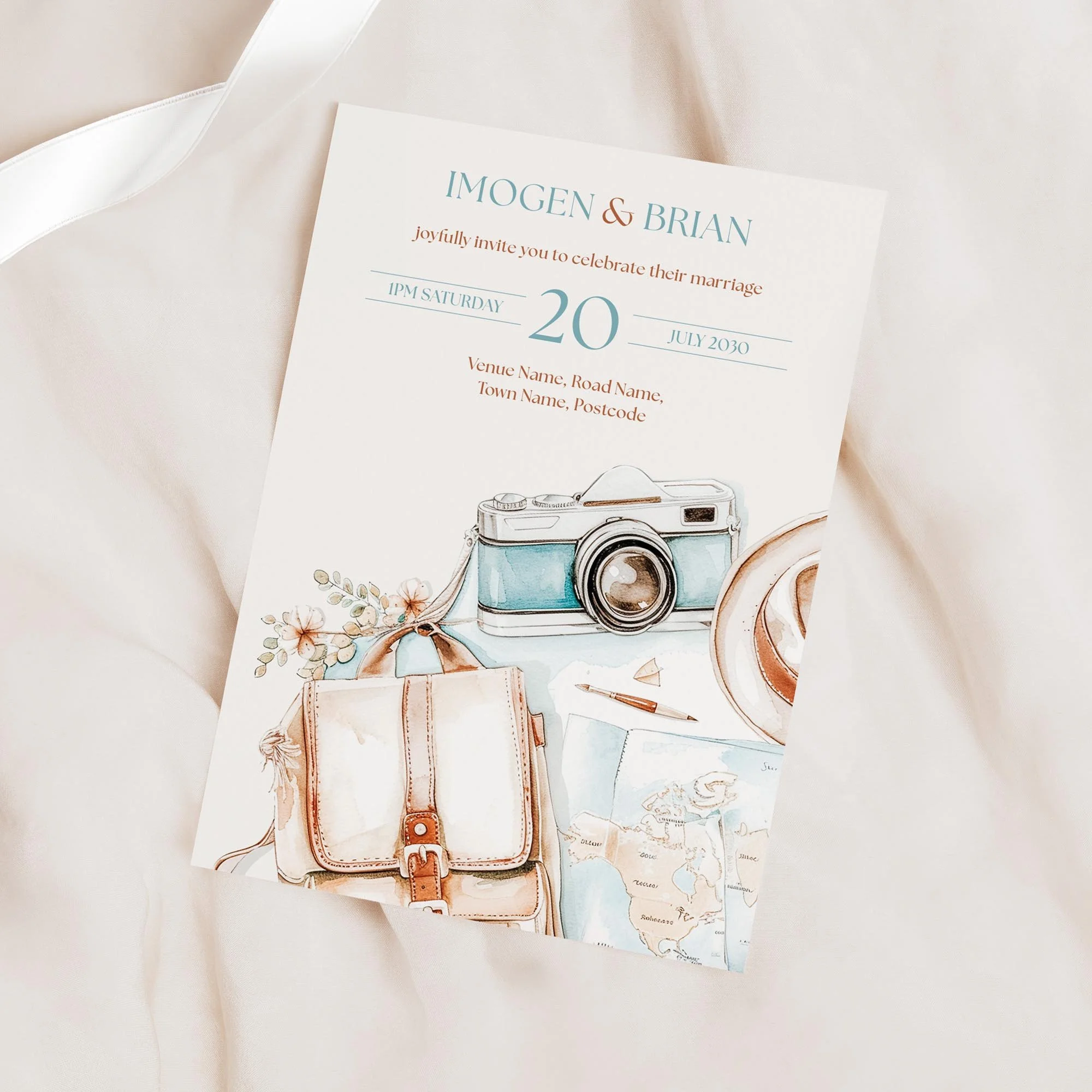 Minimal product shot of the Explorer Wedding Invitation with vintage map and travel theme.