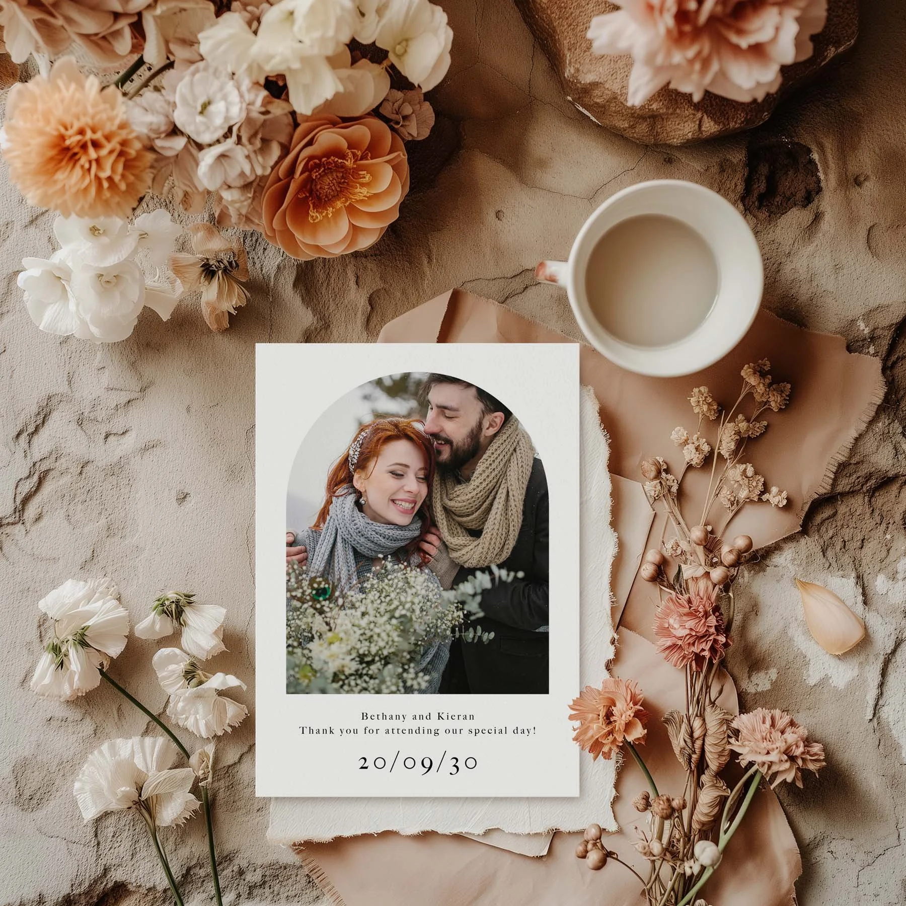 Bespoke Photograph wedding thank you card styled with flowers and stationery details