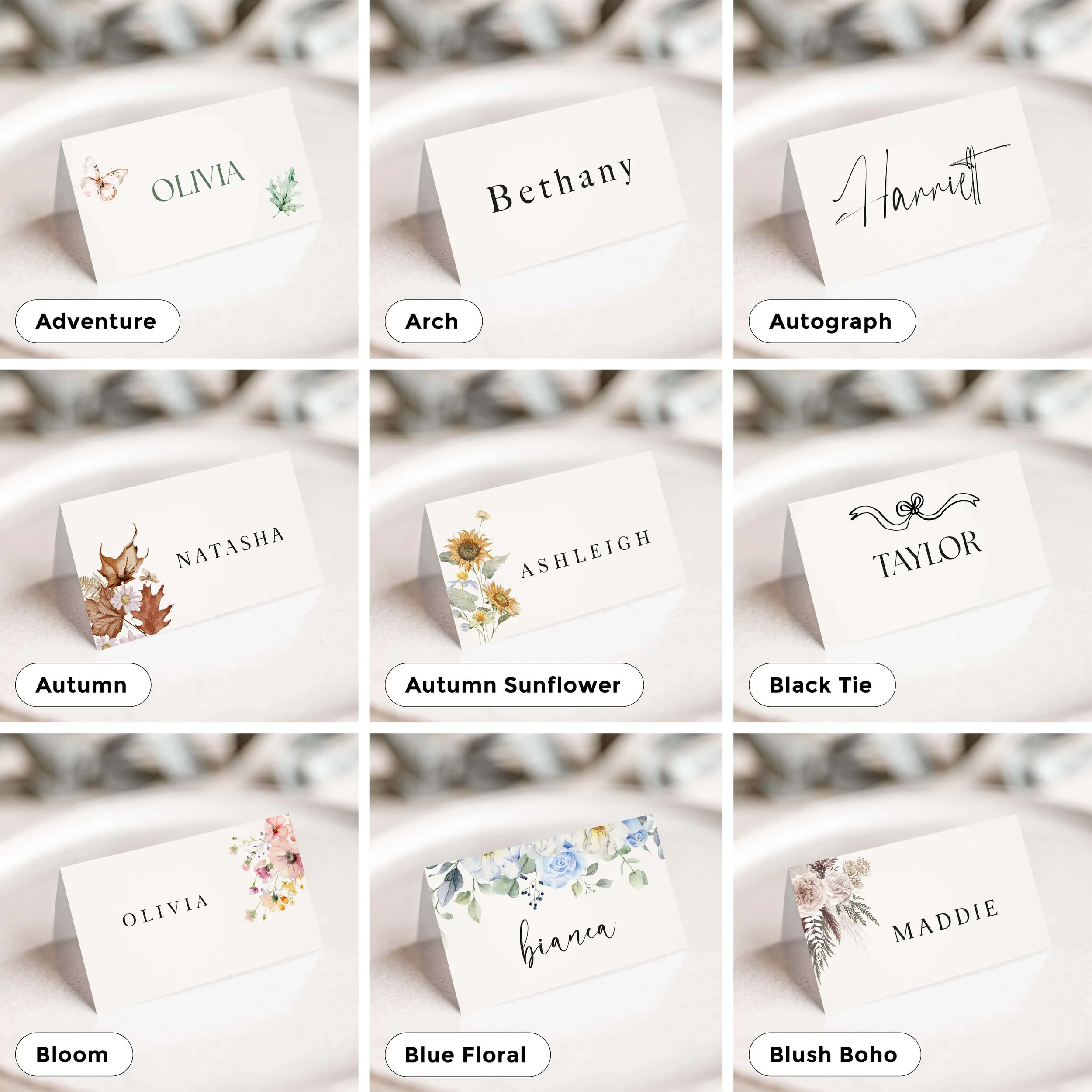 Wedding Place Name Cards In a Variety of Designs