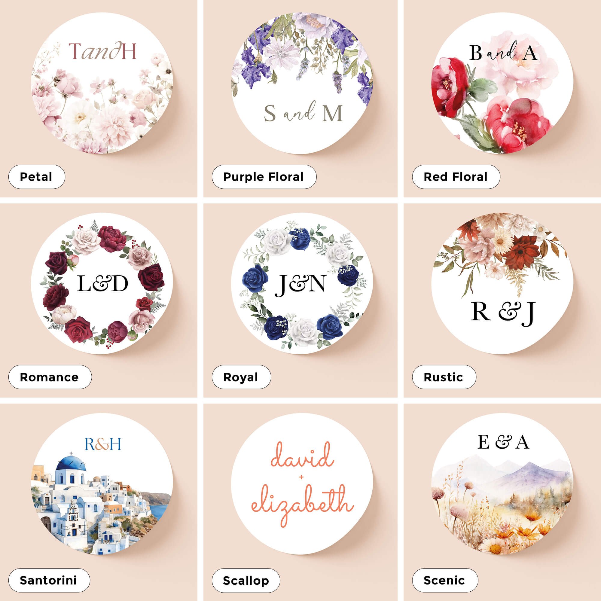 Personalised wedding sticker designs for invitations, envelopes and favour labels – multiple styles available.