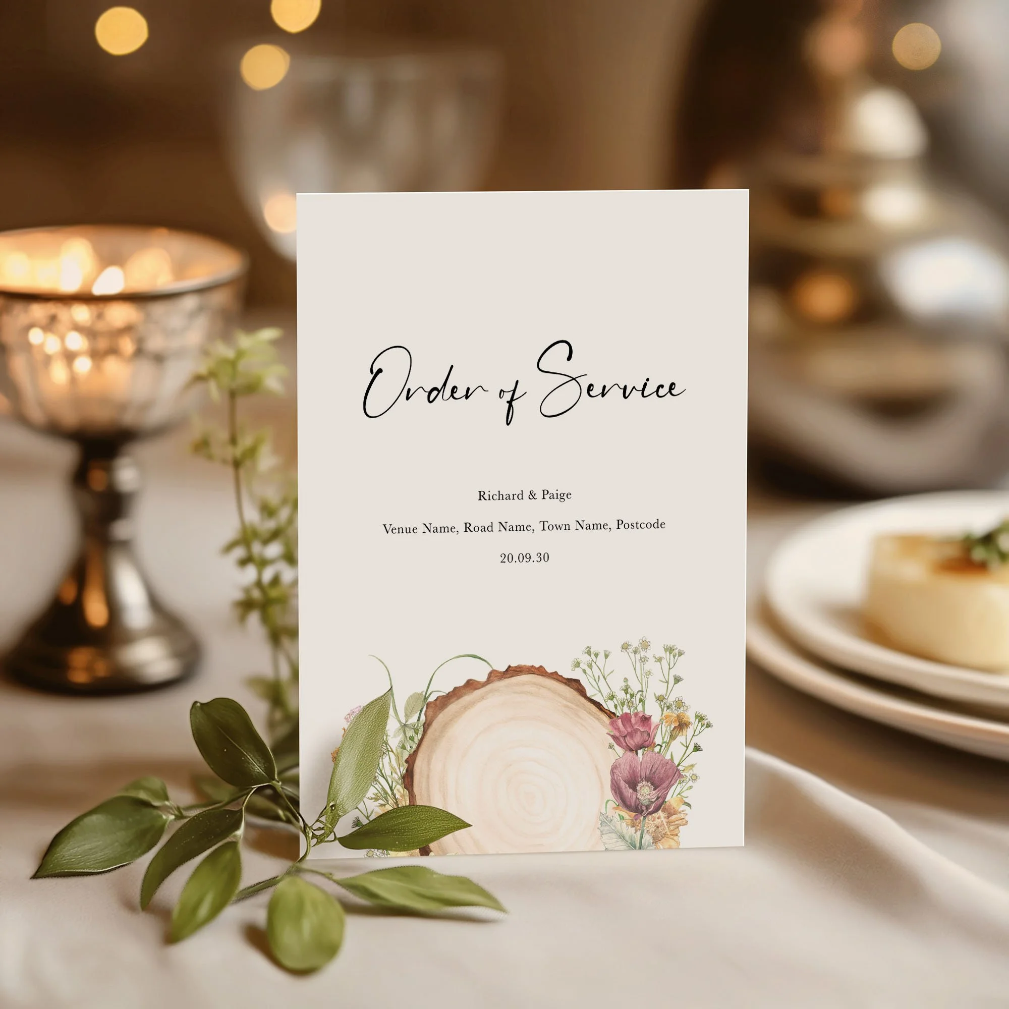 Wood Slice wedding order of service on a wedding day displayed