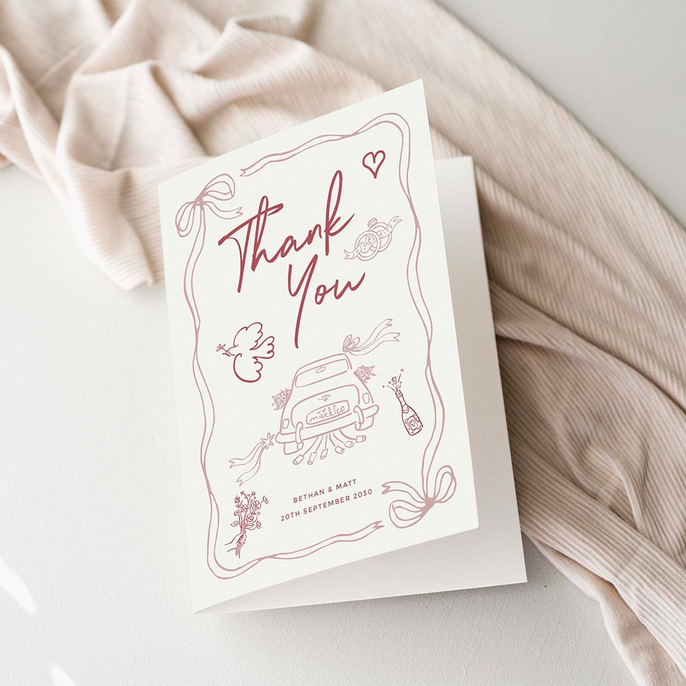 Pink Doodle Thank You Cards For Wedding