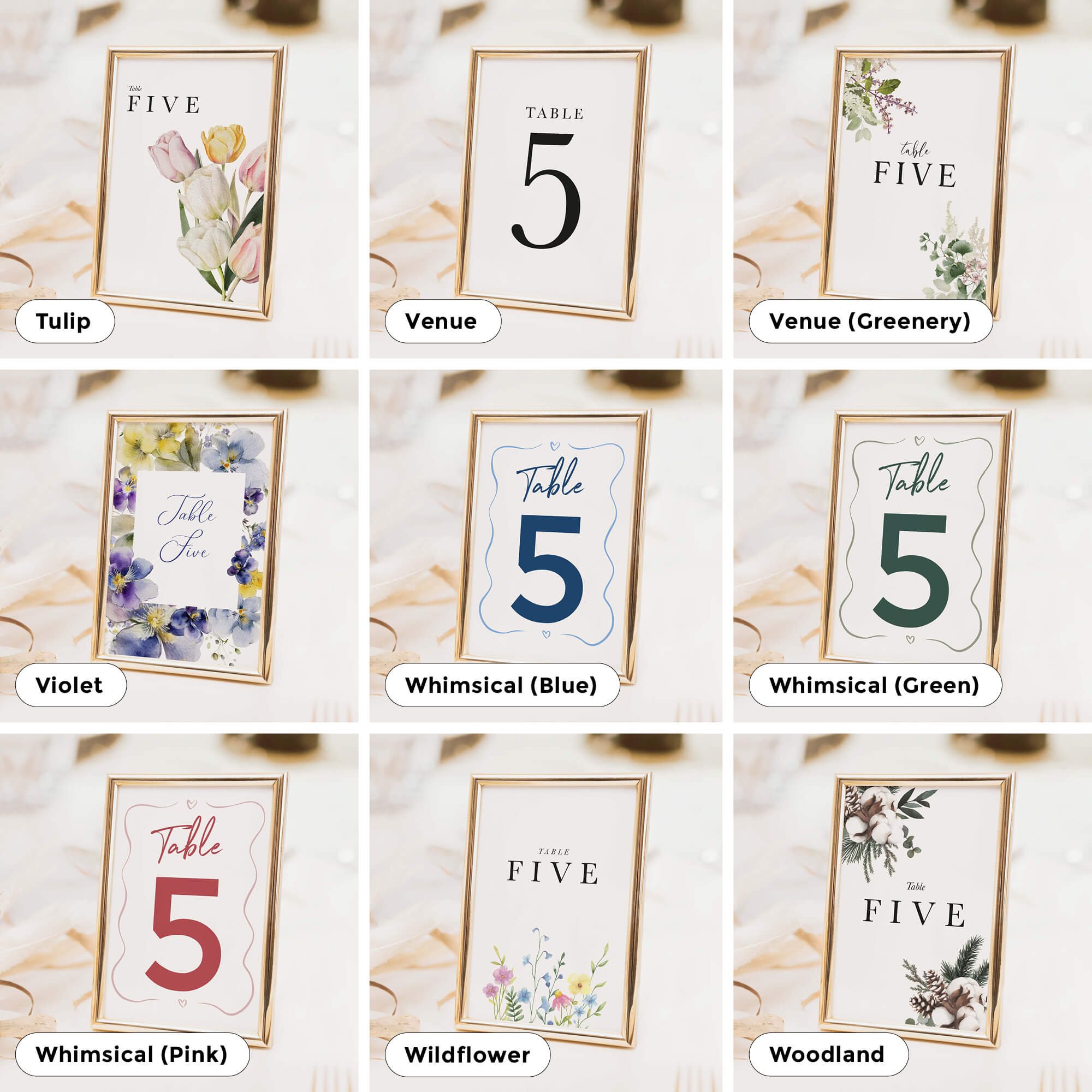 Wedding table number and table name card designs in a range of styles to suit different themes, including floral, modern, and minimal options