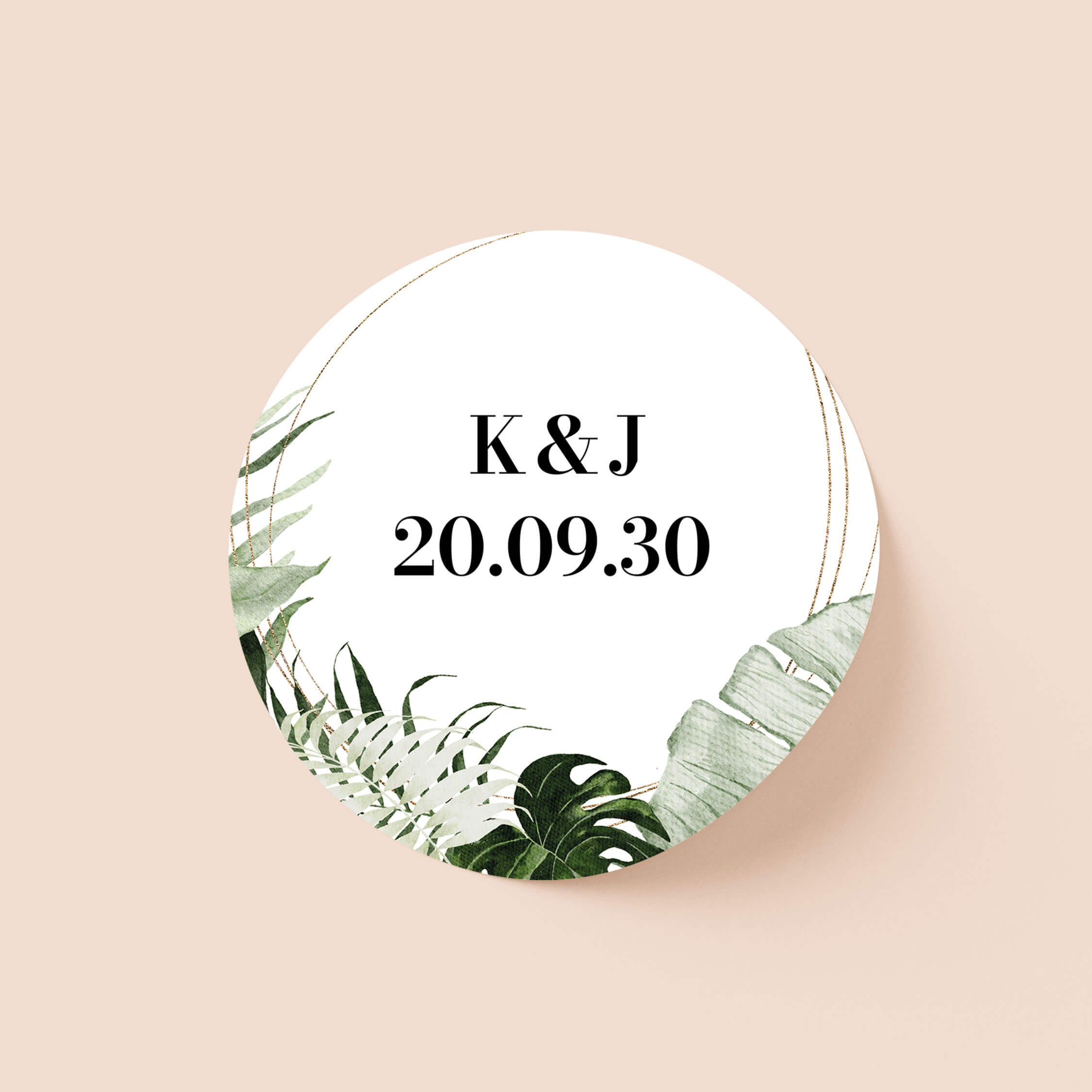 Tropical personalised wedding sticker with tropical leaf border gold geometric frame and serif initials on round sticker