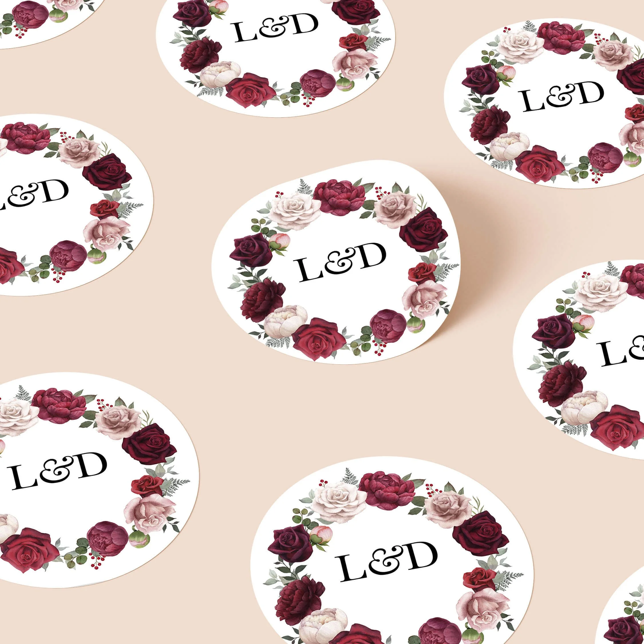 Romance personalised wedding stickers with burgundy and blush floral wreath design on round stickers