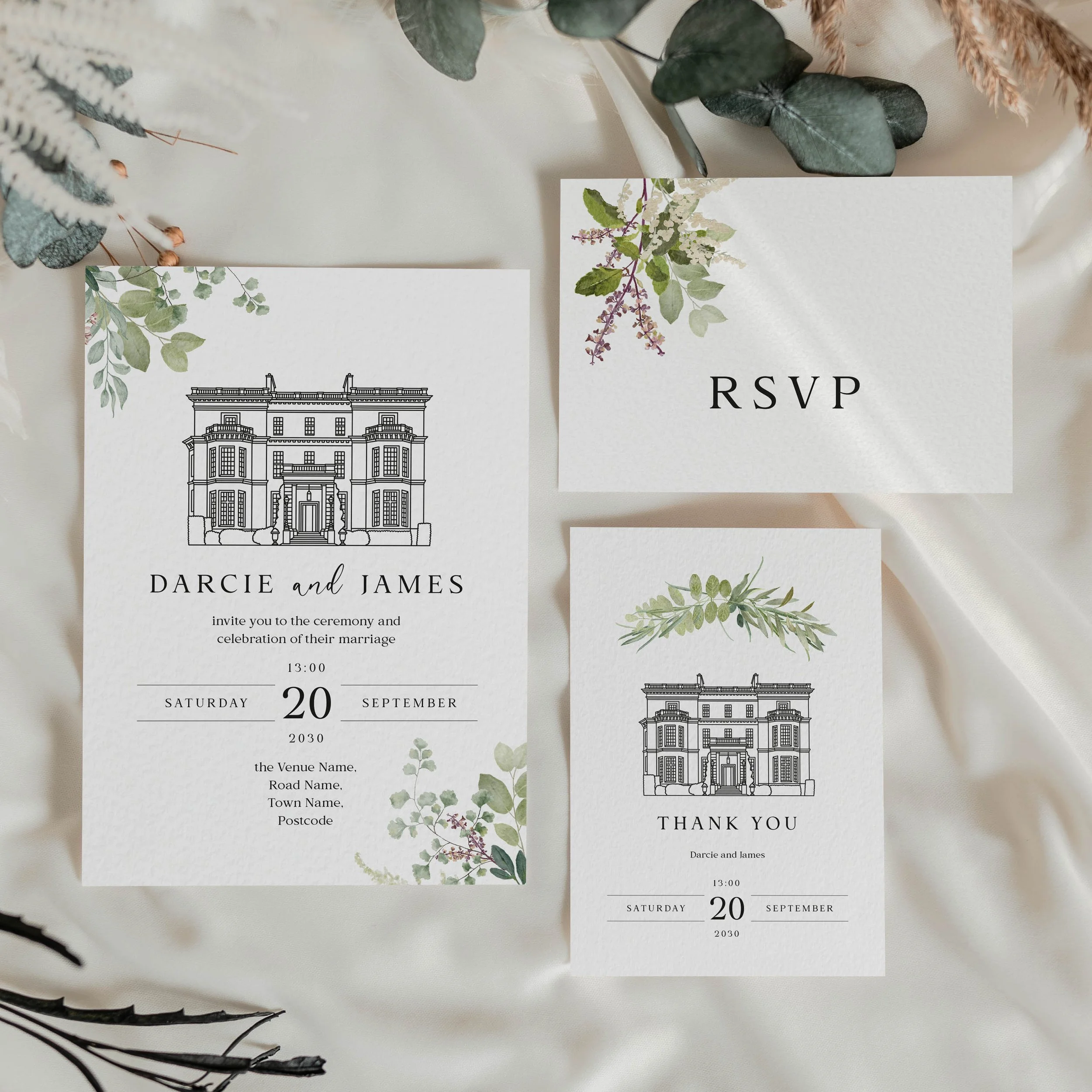 Botanical wedding stationery suite with illustrated venue design and soft greenery corner details.