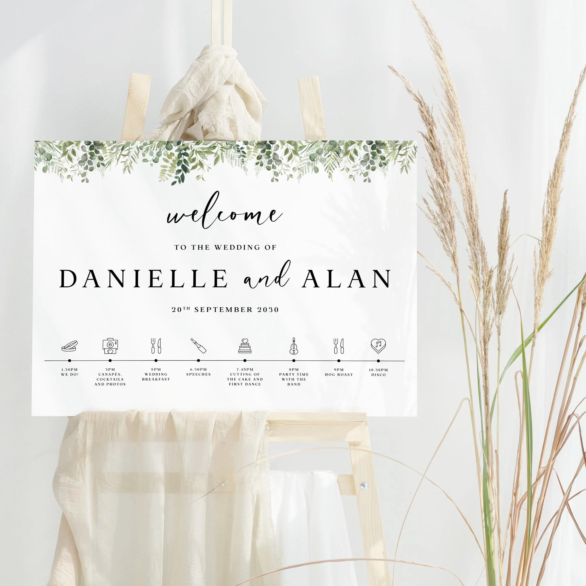 Greenery with Timeline of the Day wedding welcome sign design
