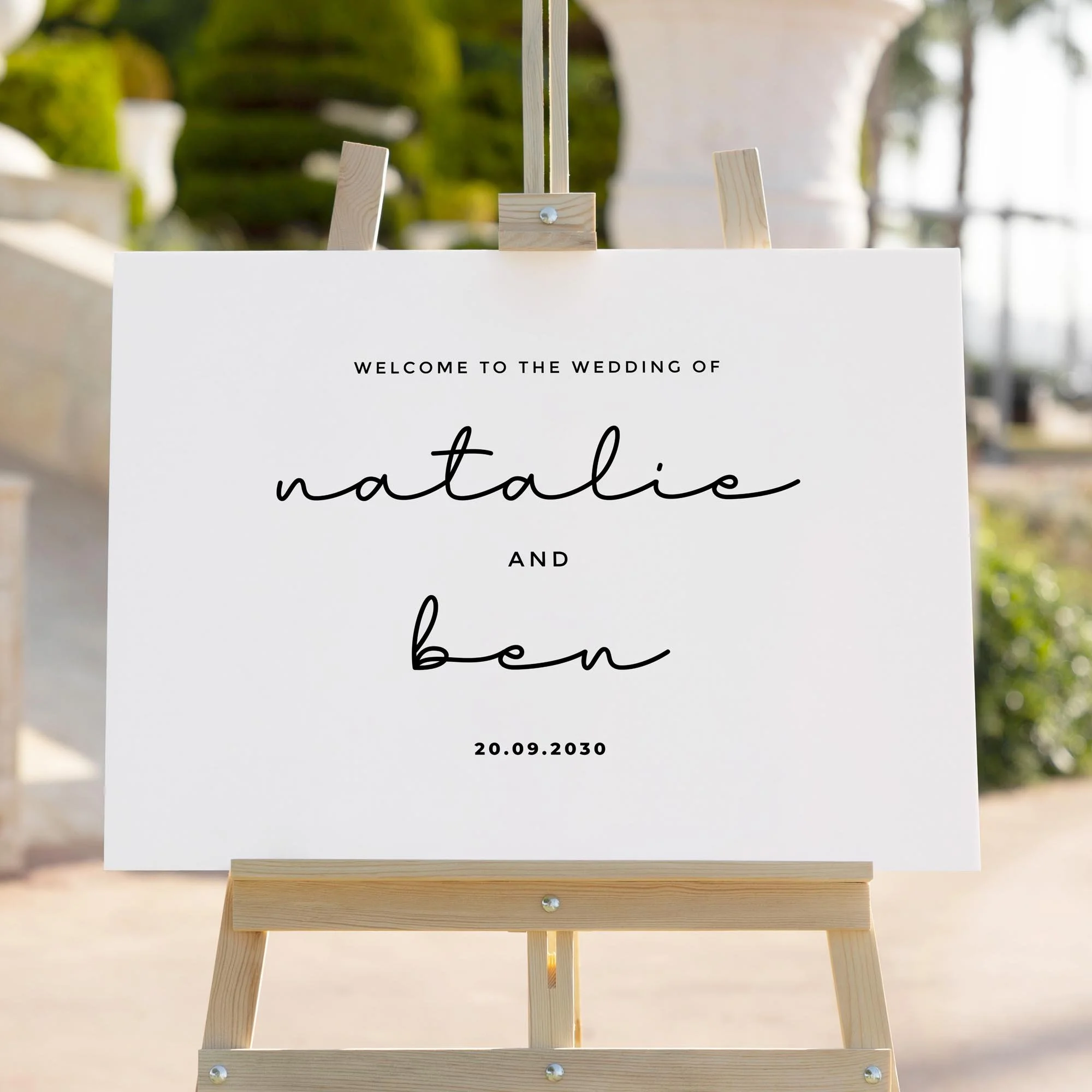 Classic Black and White wedding welcome sign styled outdoors close-up