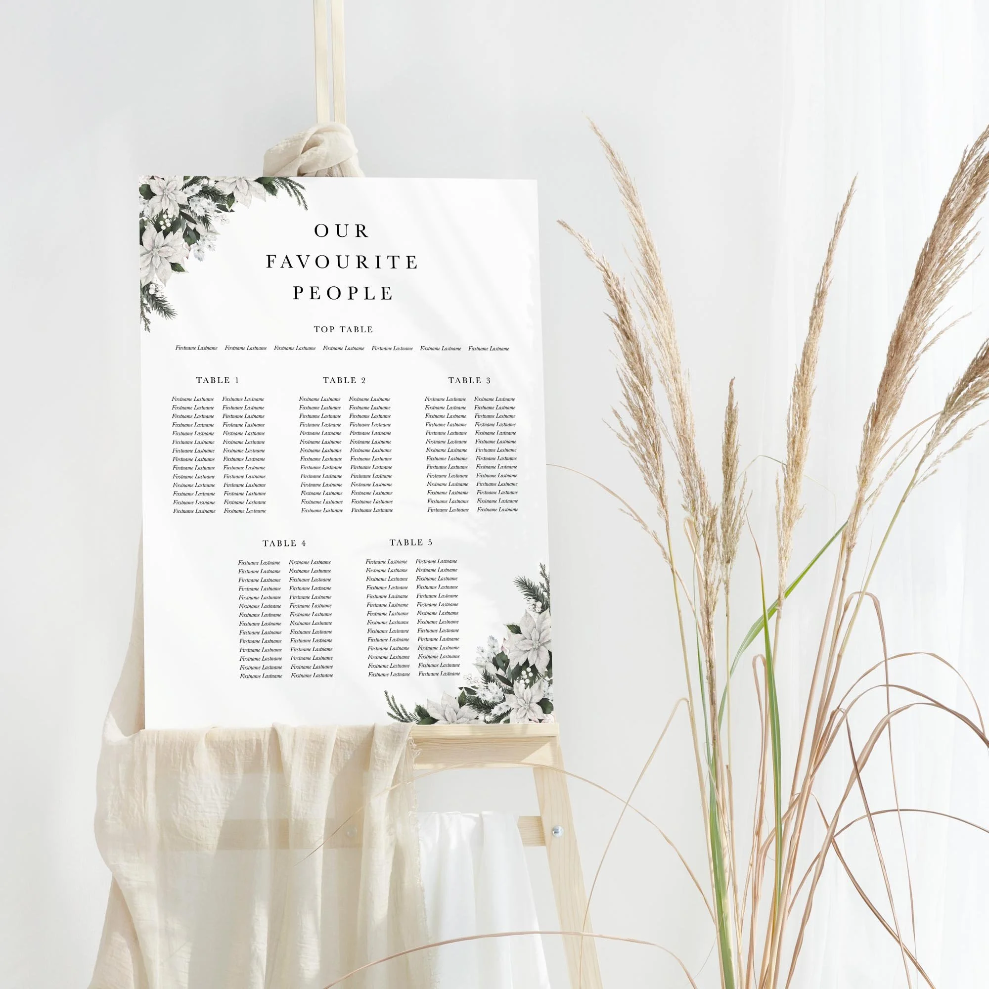 Winter Poinsettia wedding table plan board seating chart sign