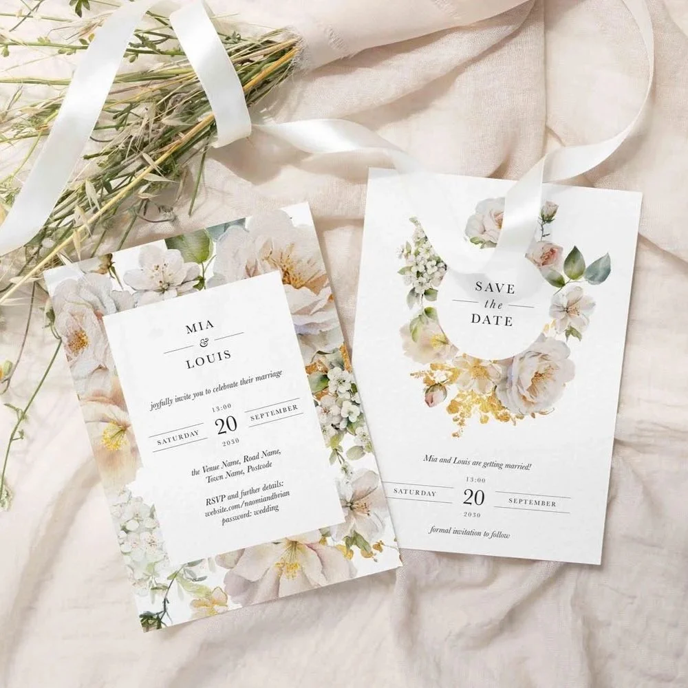 Ethereal Collection Frame wedding stationery with larger ivory peonies, sage and gold leaves, and elegant serif typography in a wide floral border design