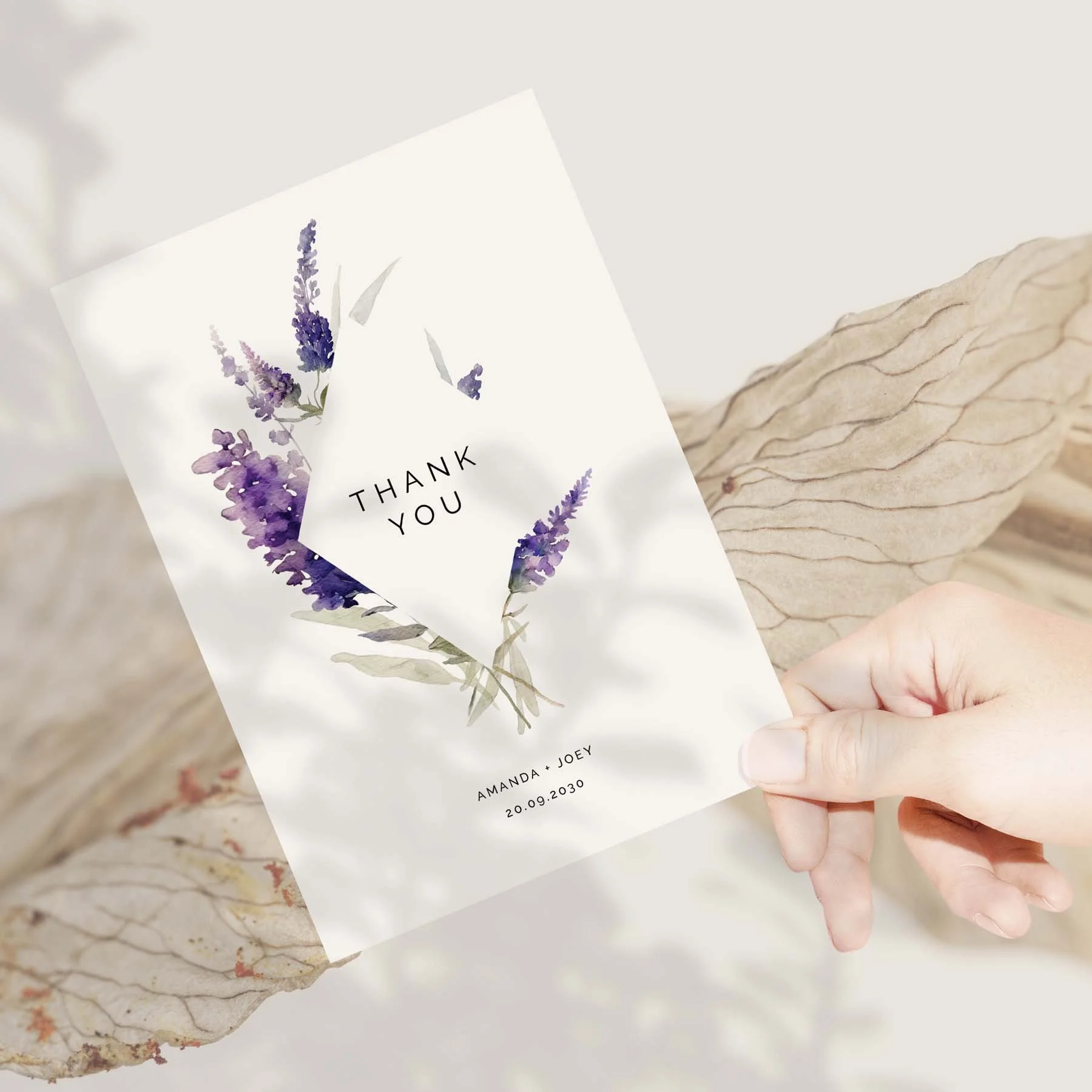 Hand holding a Lavender in a Diamond Shape wedding thank you card
