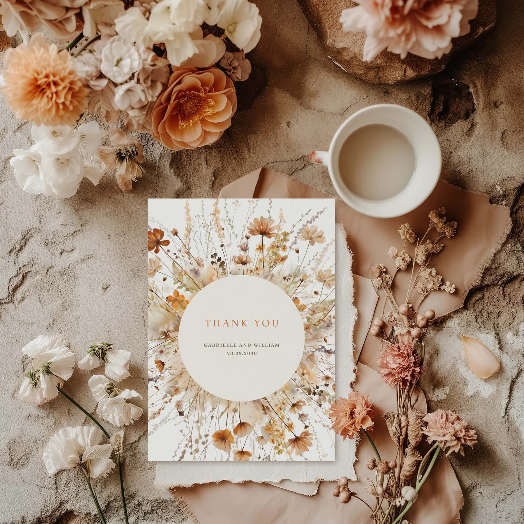 Brown Floral Frame wedding thank you card styled with flowers and stationery details
