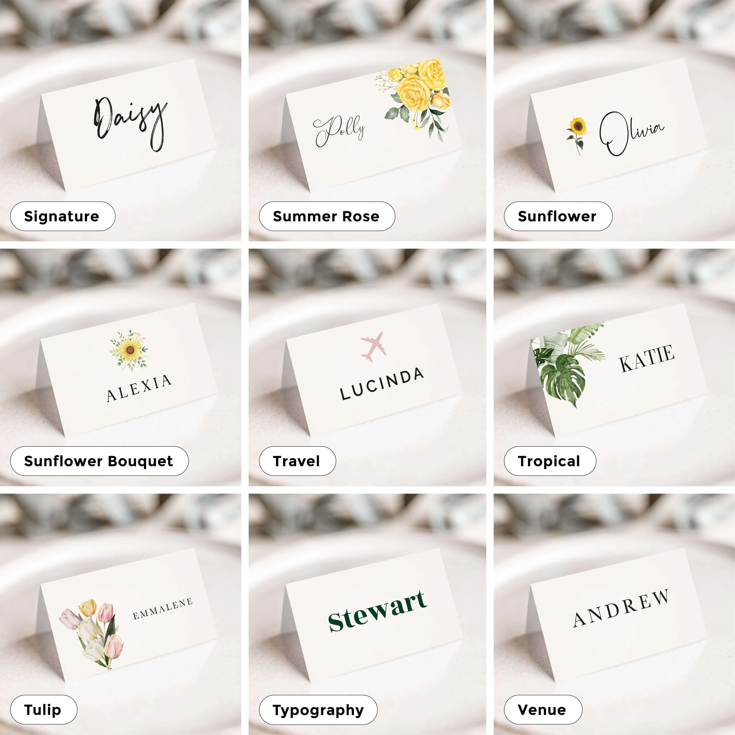 Selection of personalised wedding place card designs in various styles, including modern, floral, and minimalist, displayed on wedding tables