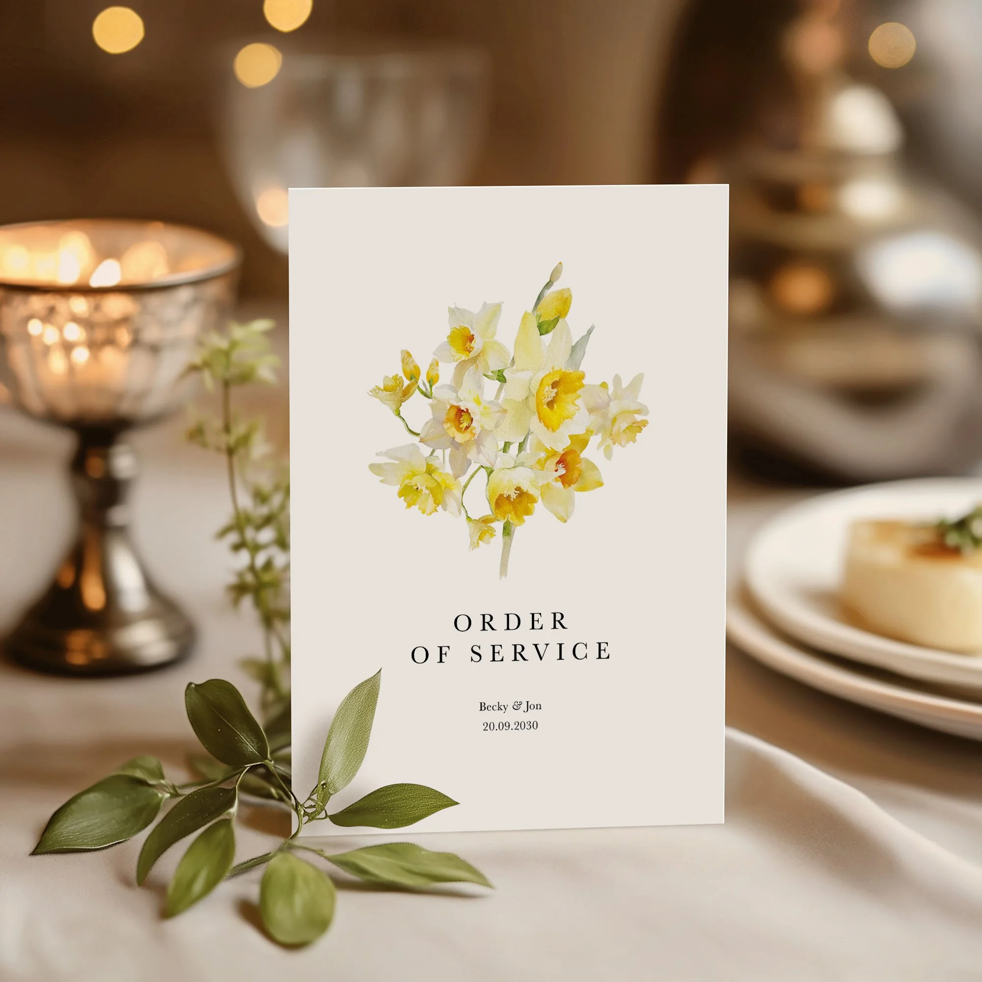 Daffodil wedding order of service on a wedding day displayed