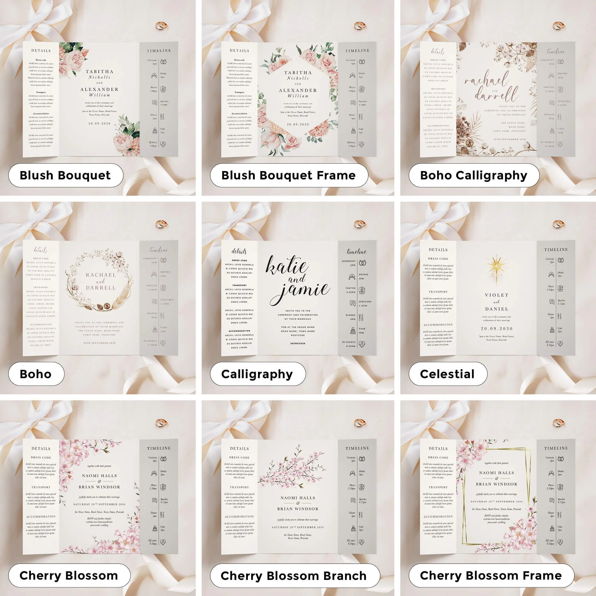 A5 size gatefold invitations in a variety of designs