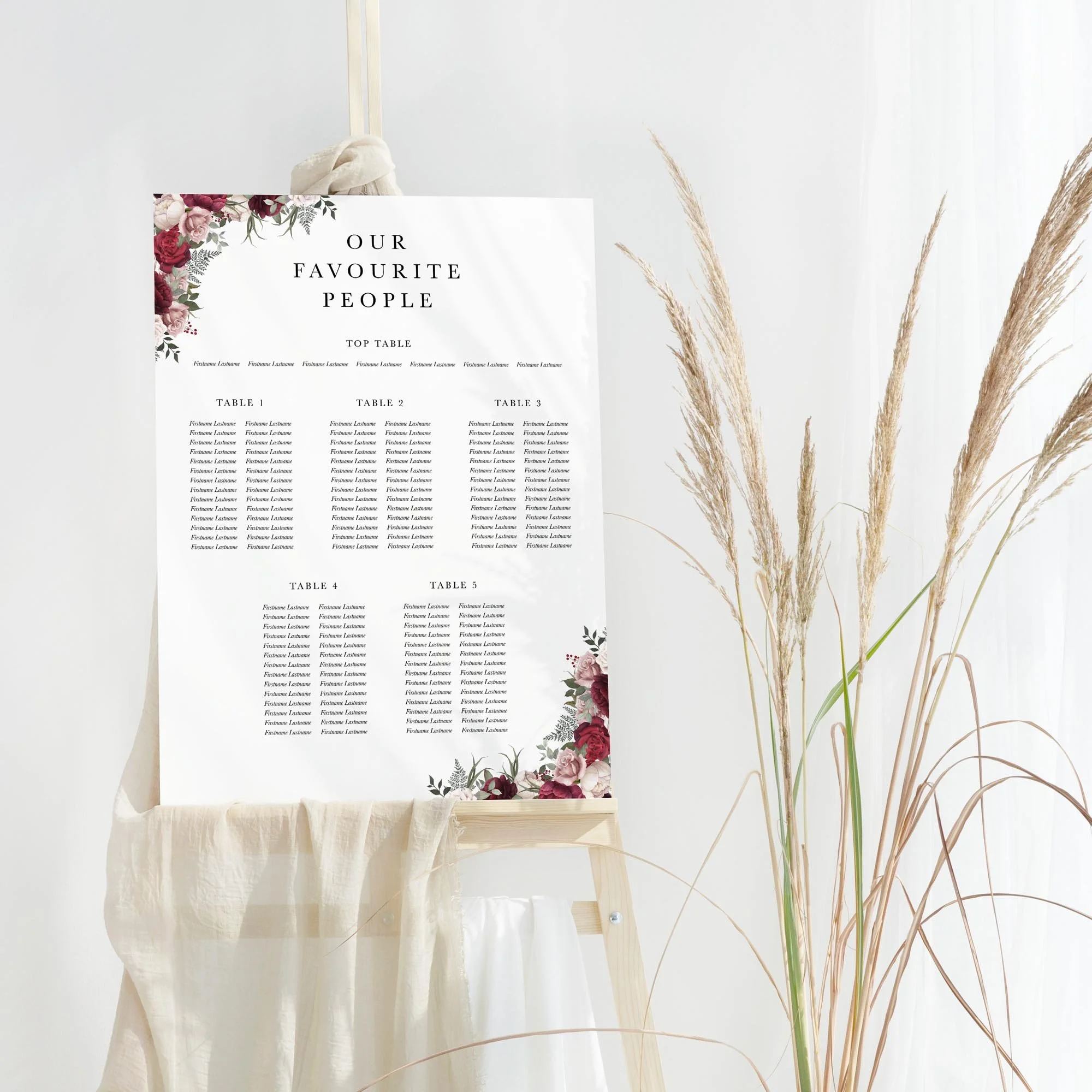 Burgundy and Pink Floral wedding table plan board seating chart sign