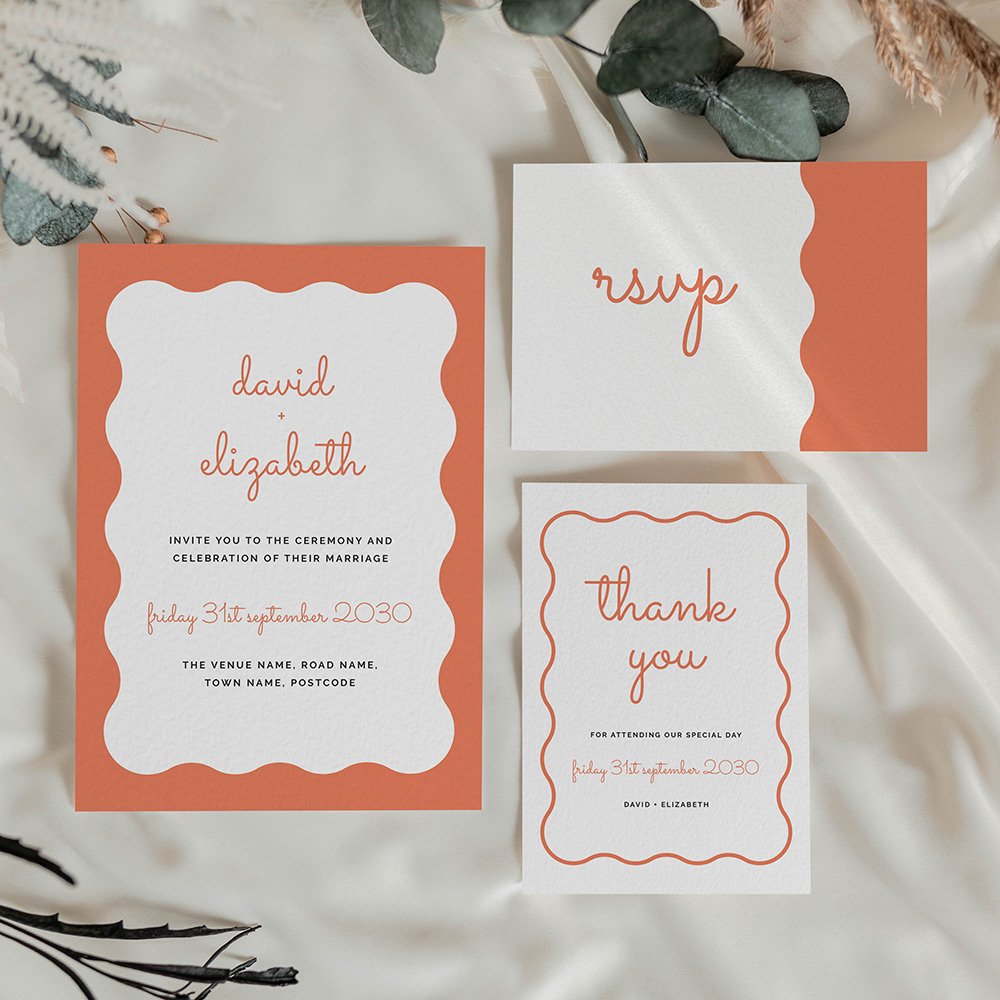 Modern peach scallop invitation card with abstract shapes and bold typography in peach orange tones
