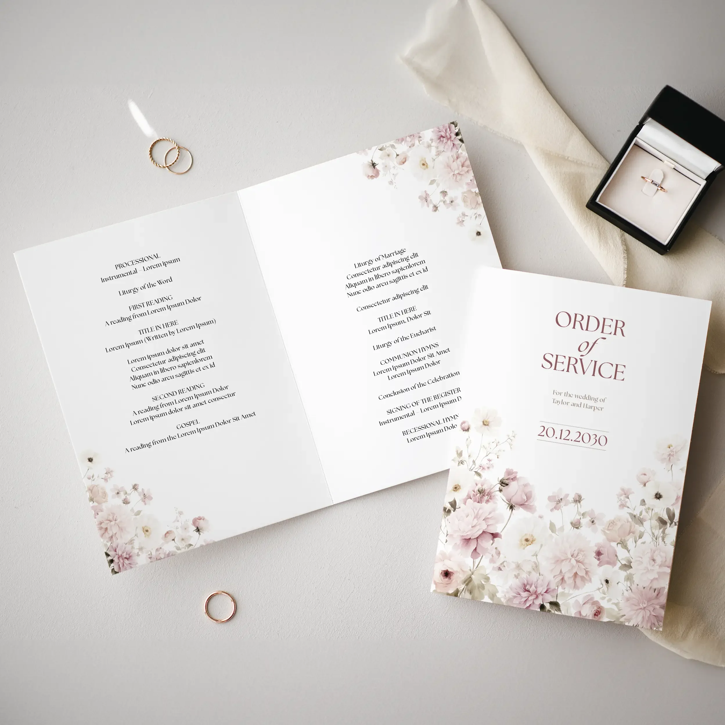 Petal Order of Service booklet showing blush pink floral cover and inside ceremony page.