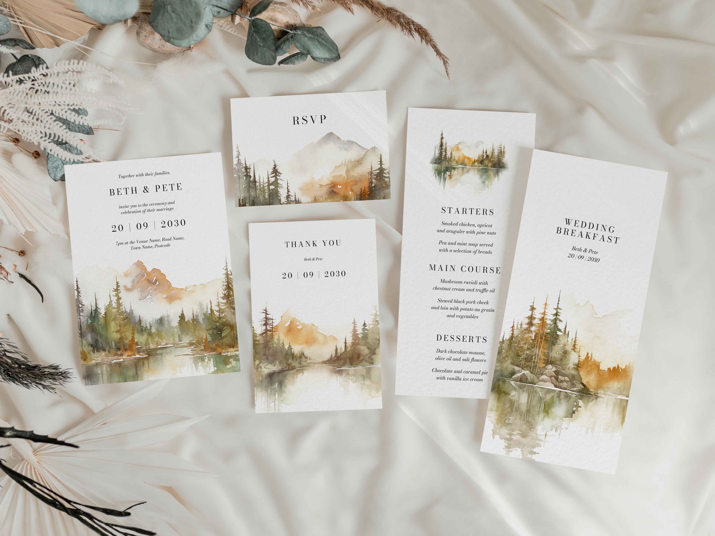 Autumnal forest landscape wedding stationery