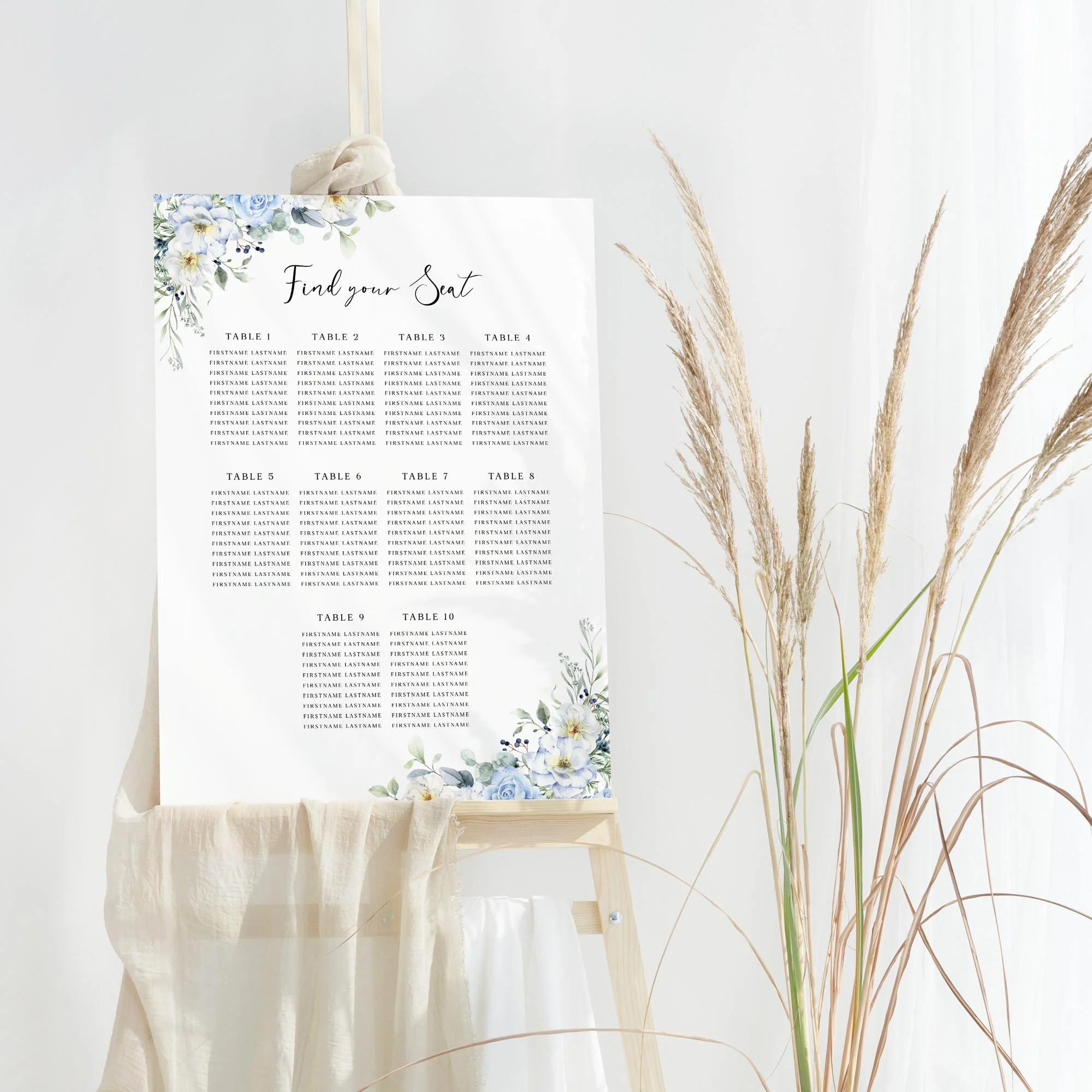 Blue Floral wedding table plan board seating chart sign