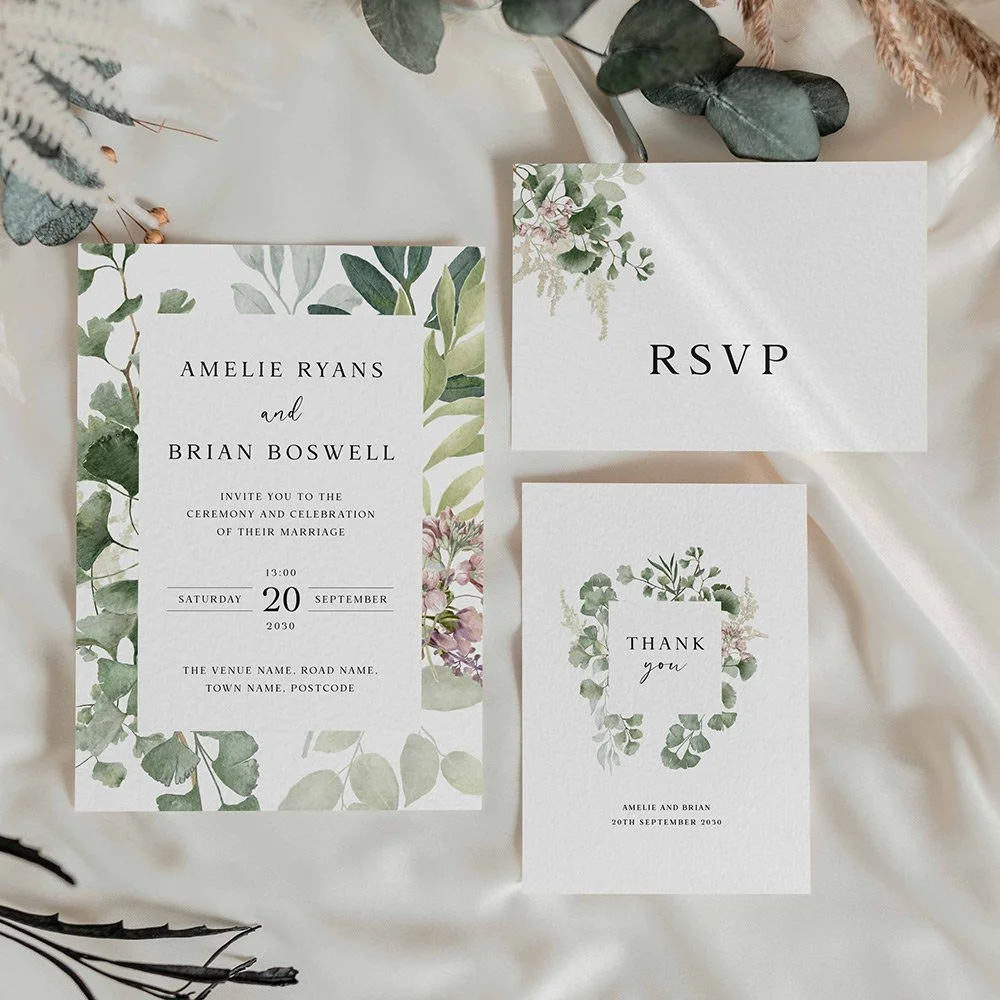 Wedding stationery suite with shaded greenery illustrations in different layouts