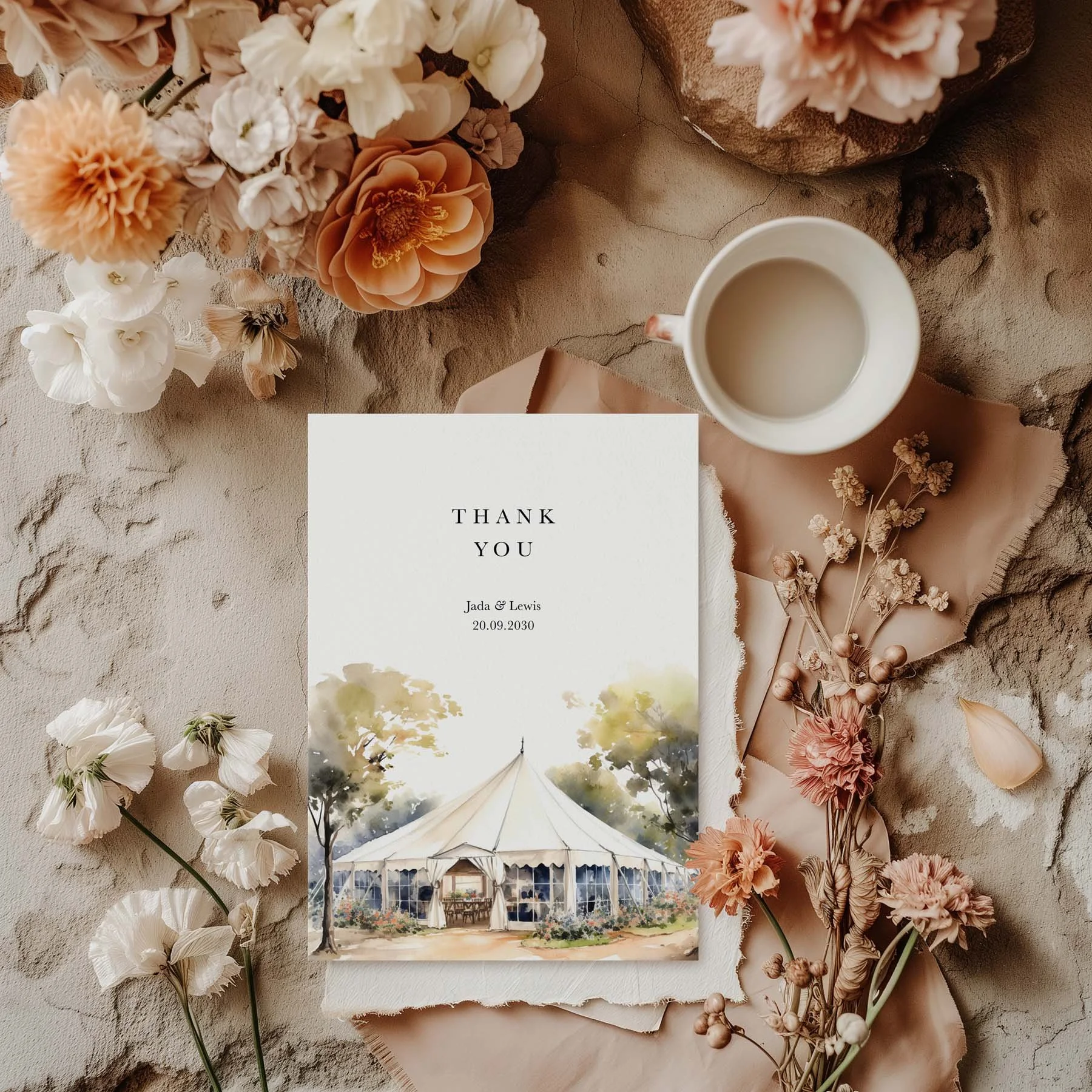 Bell Tent wedding thank you card styled with flowers and stationery details