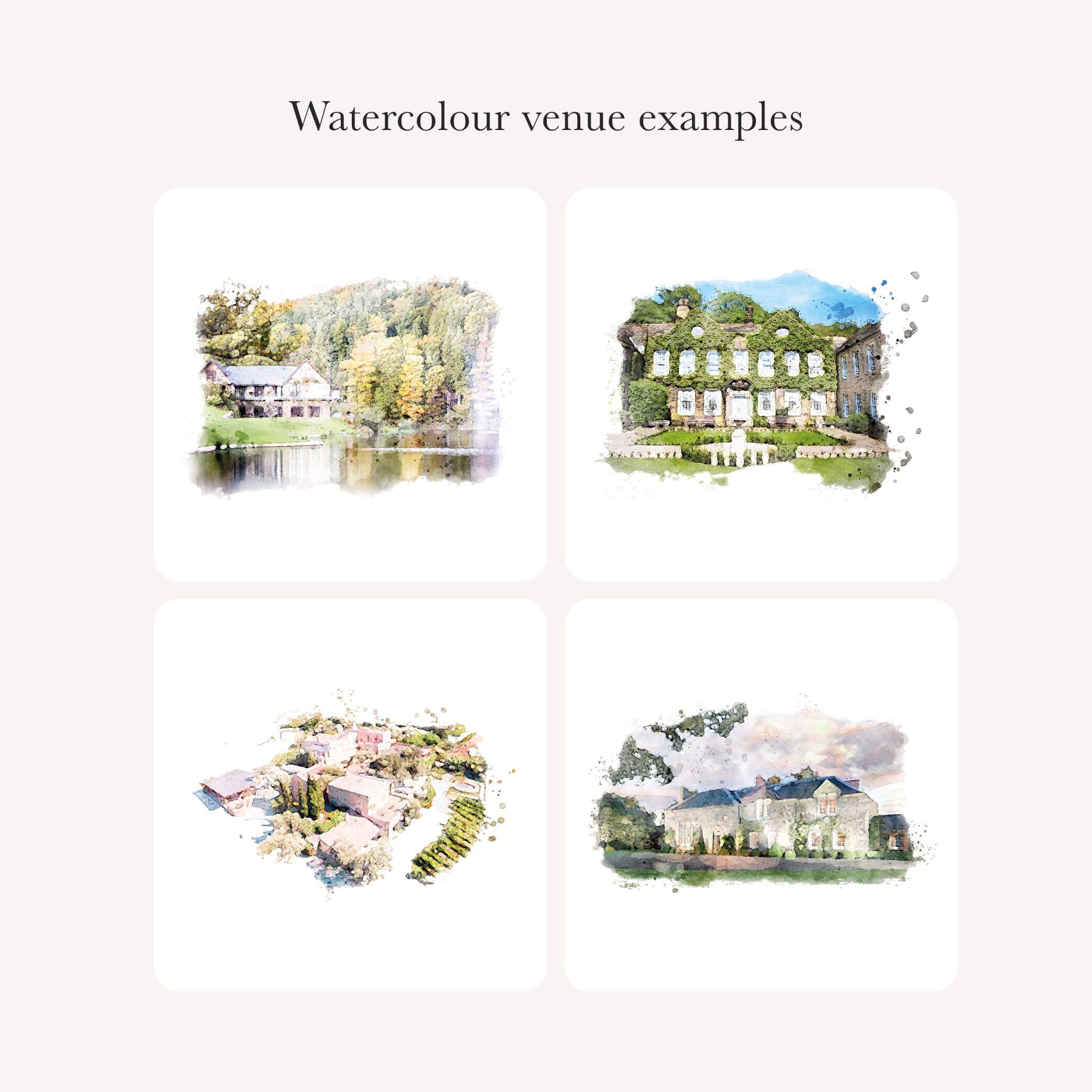A collection of custom venue illustrations in soft digital watercolour style, showcasing different wedding locations