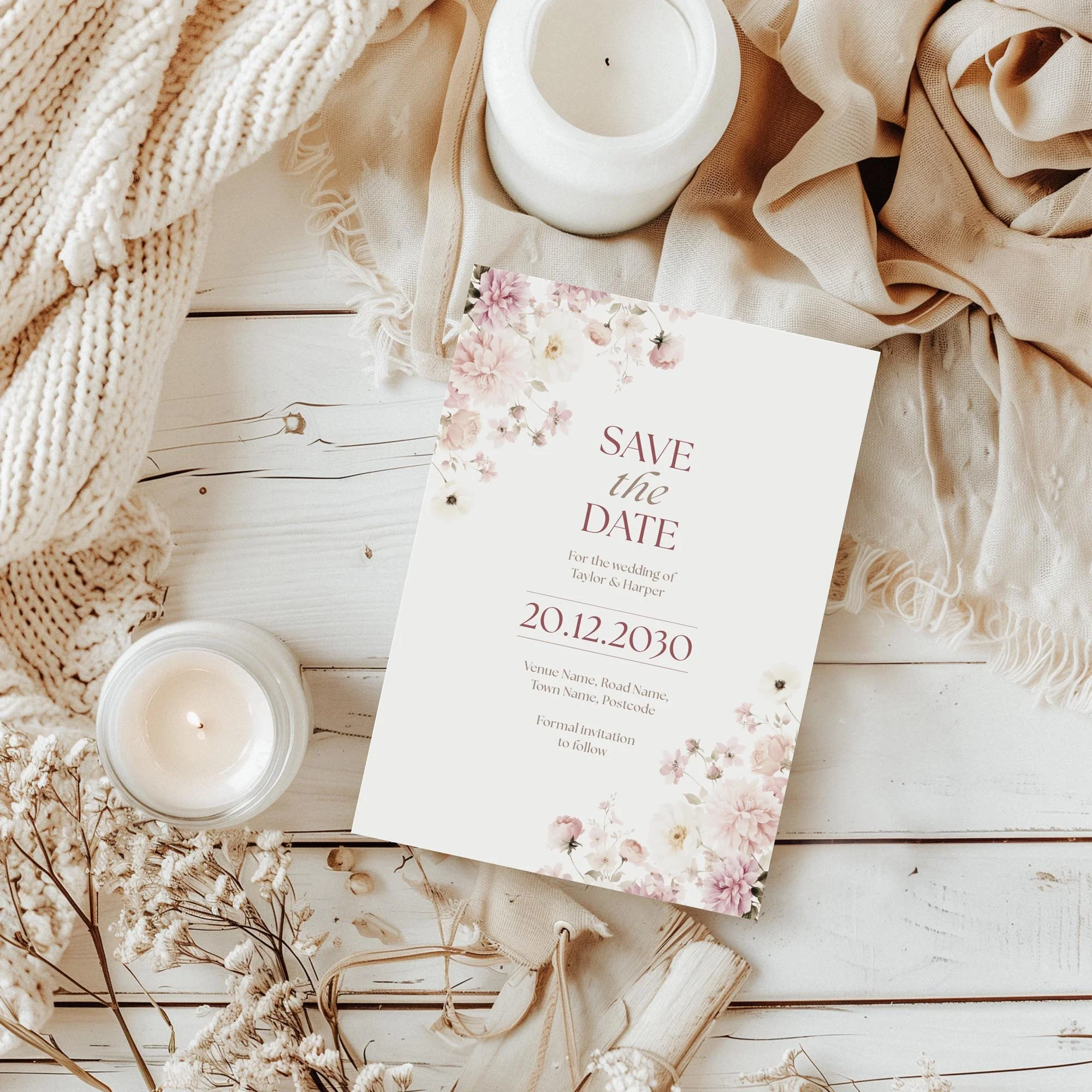Styled flatlay of the Petal Save the Date in a soft pink wedding theme.