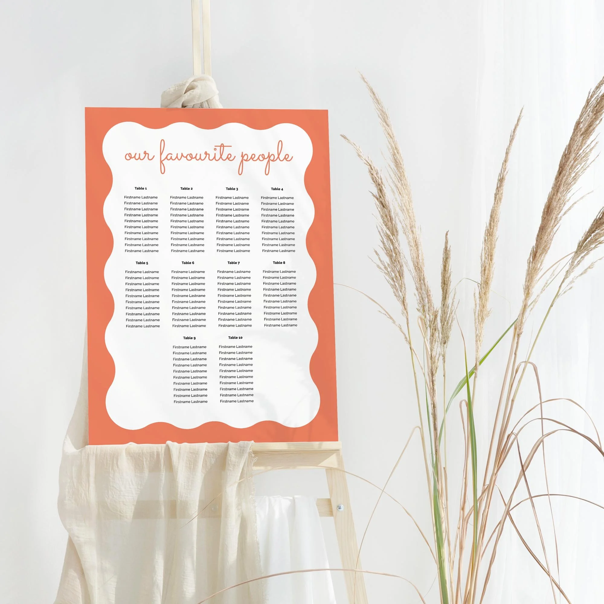 Orange Coloured Wavy Border wedding table plan board seating chart sign
