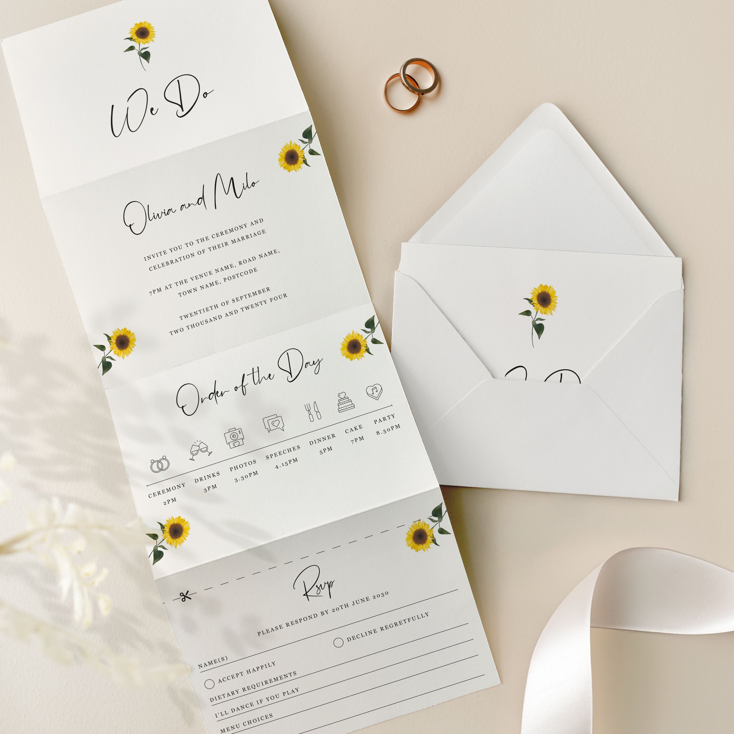 Sunflower Concertina Wedding Invitation Samples