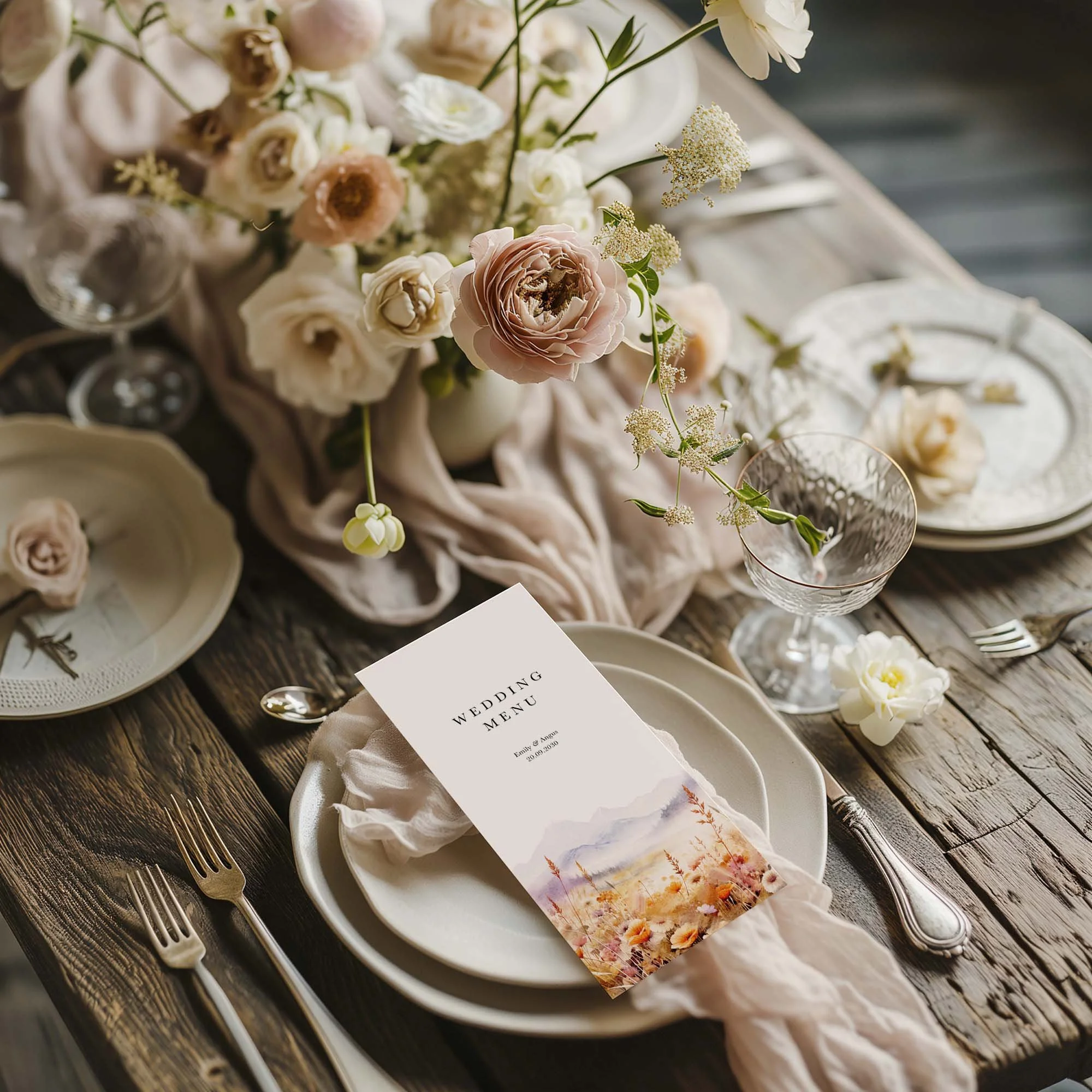 Wildflower Fields with Mountains wedding menu card styled on a wedding table setting with tableware and décor