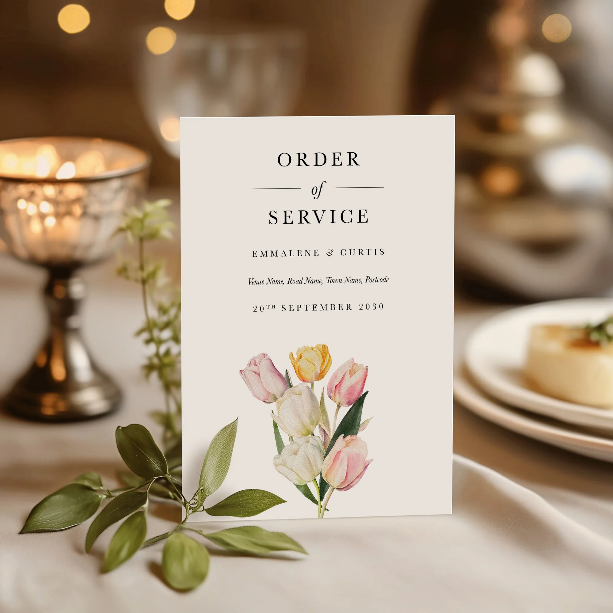 Tulip wedding order of service on a wedding day displayed