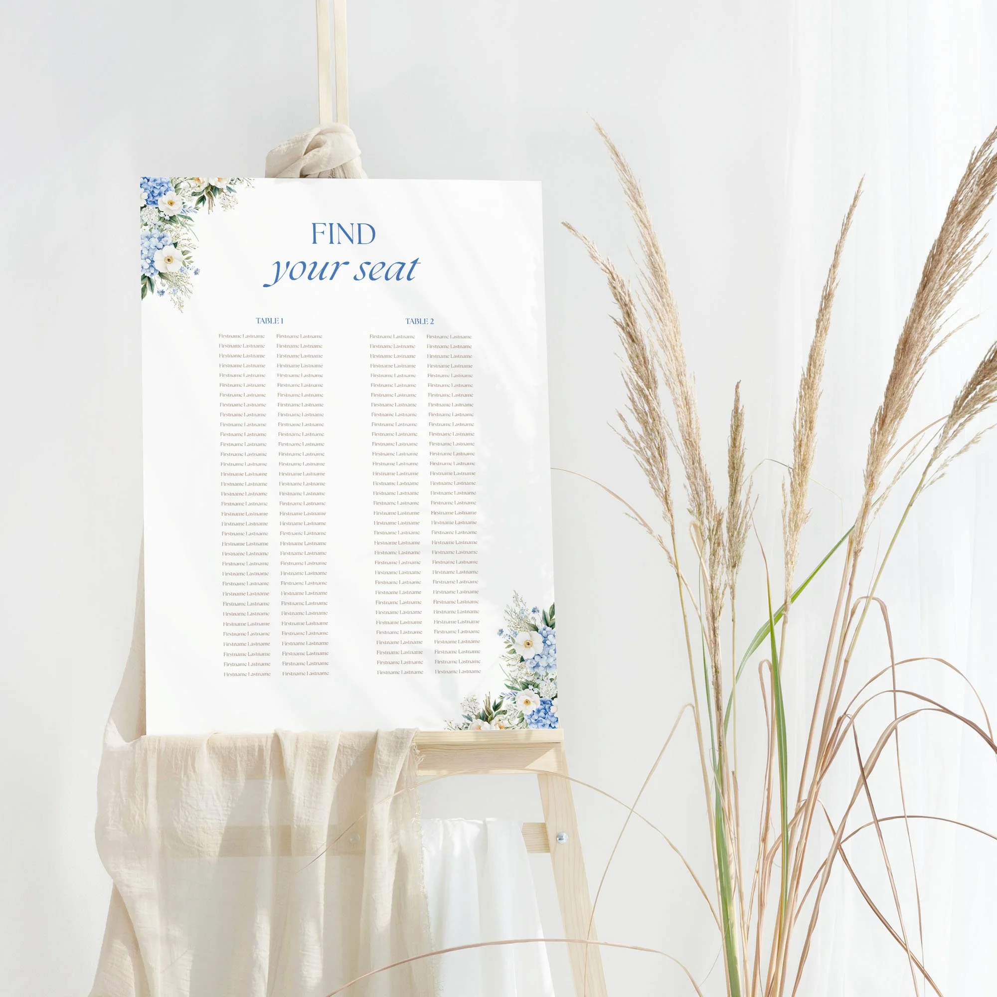 Serenity Wedding Table Plan Board showing blue florals in top corners for long trestle table seating arrangements.