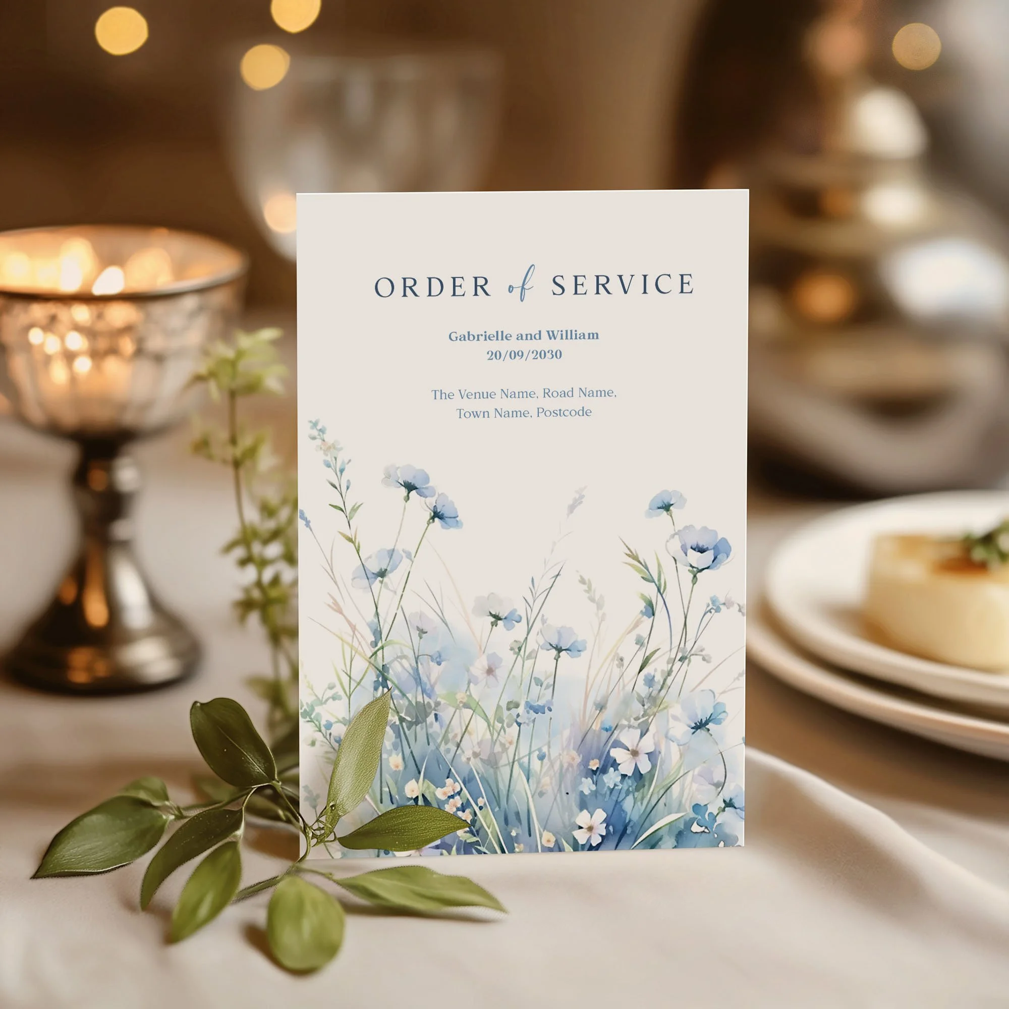 Field Dusty Blue wedding order of service on a wedding day displayed
